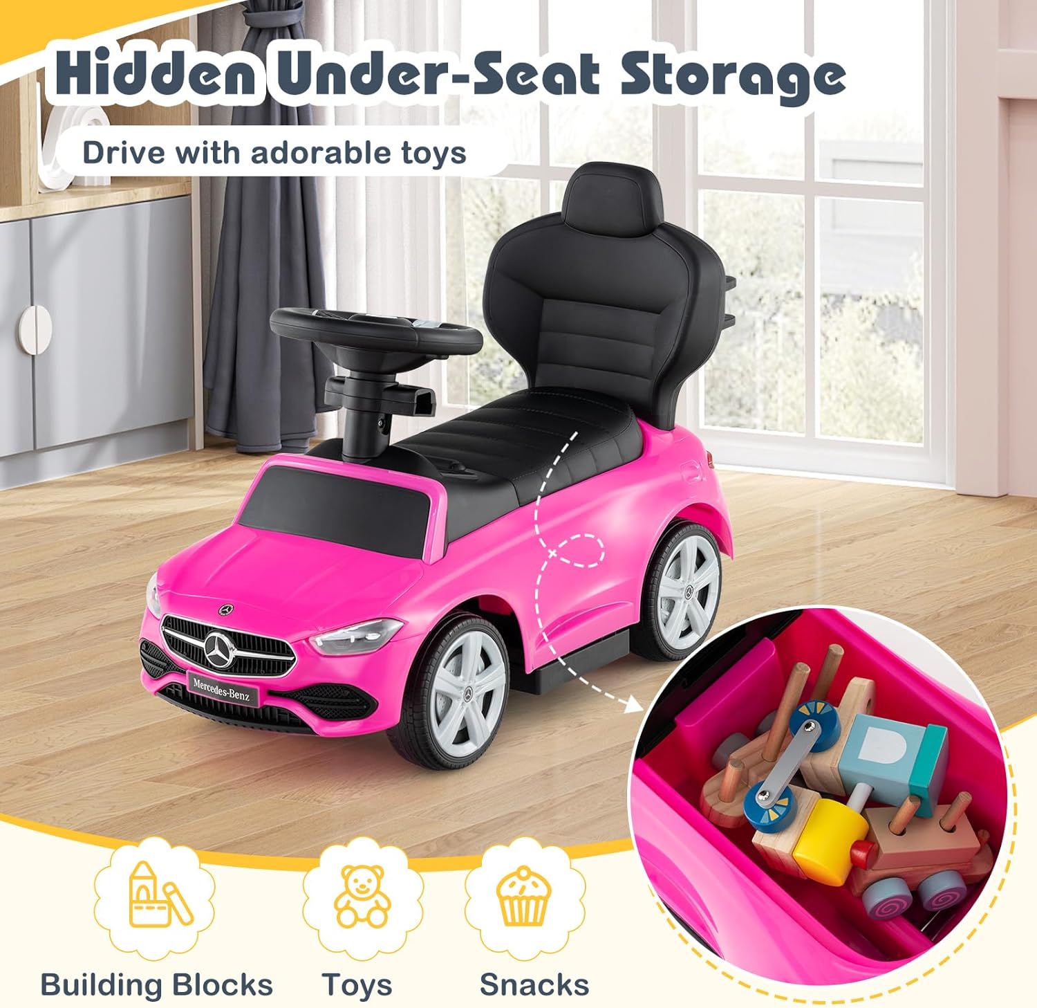 Costzon Push Car for Toddlers, 3 in 1 Mercedes Benz Stroller Sliding Walking Car w/Canopy, Handle, Safety Bar, Horn Sound, Underneath Storage, Foot-to-Floor Ride On Toy for Boys & Girls (Pink)