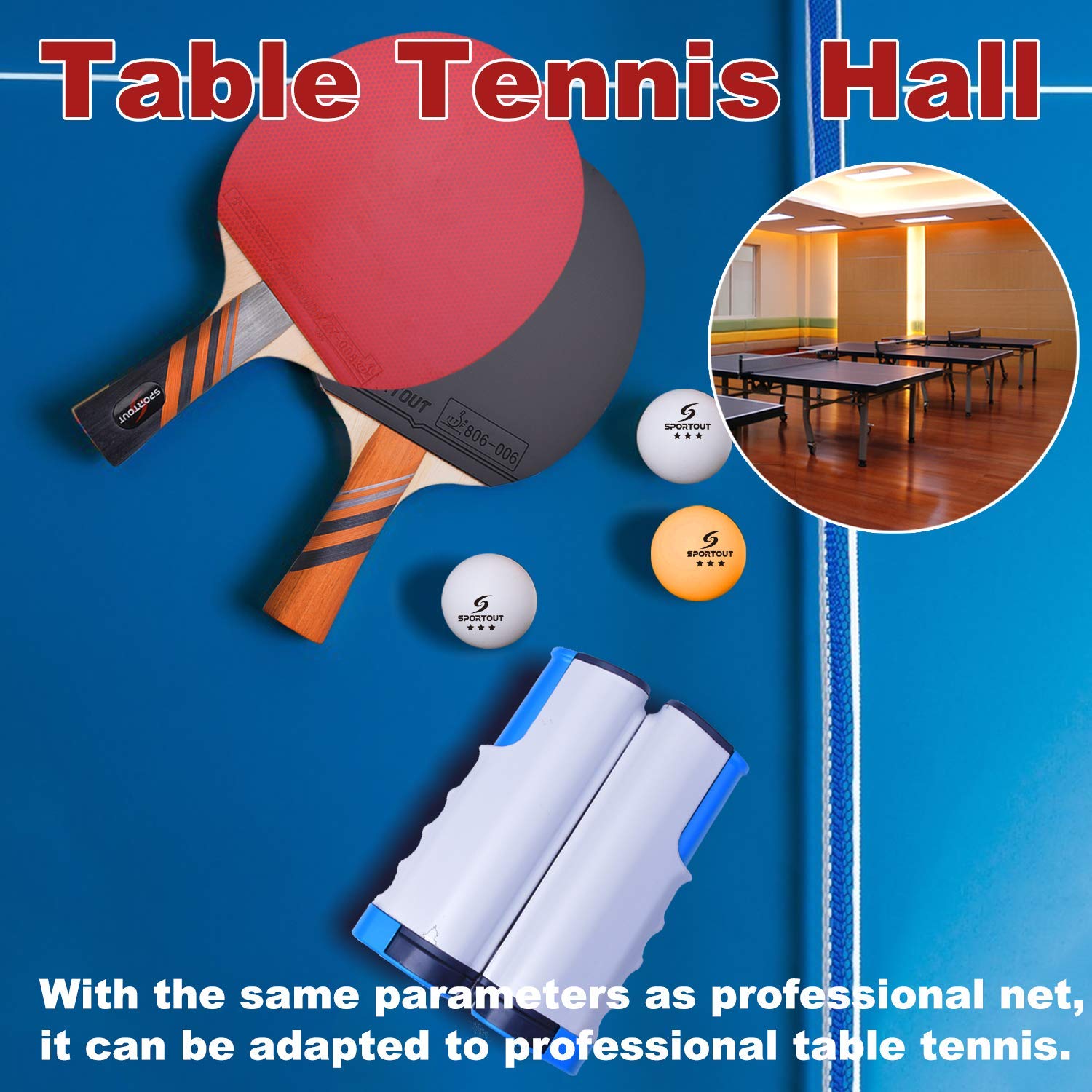 Filet de ping-pong rétractable Sportout avec support, parfait pour une table de ping-pong, un bureau, une cuisine ou une table de salle à manger