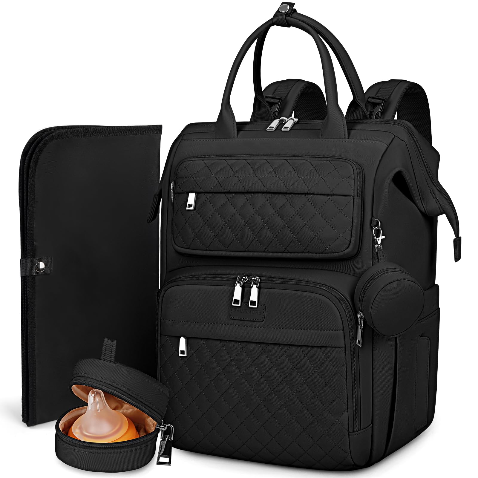 RAINSMORE Zaino Mamma Fasciatoio Multifunzione Borsa Neonato Portatile Cinturini Passeggino Nero