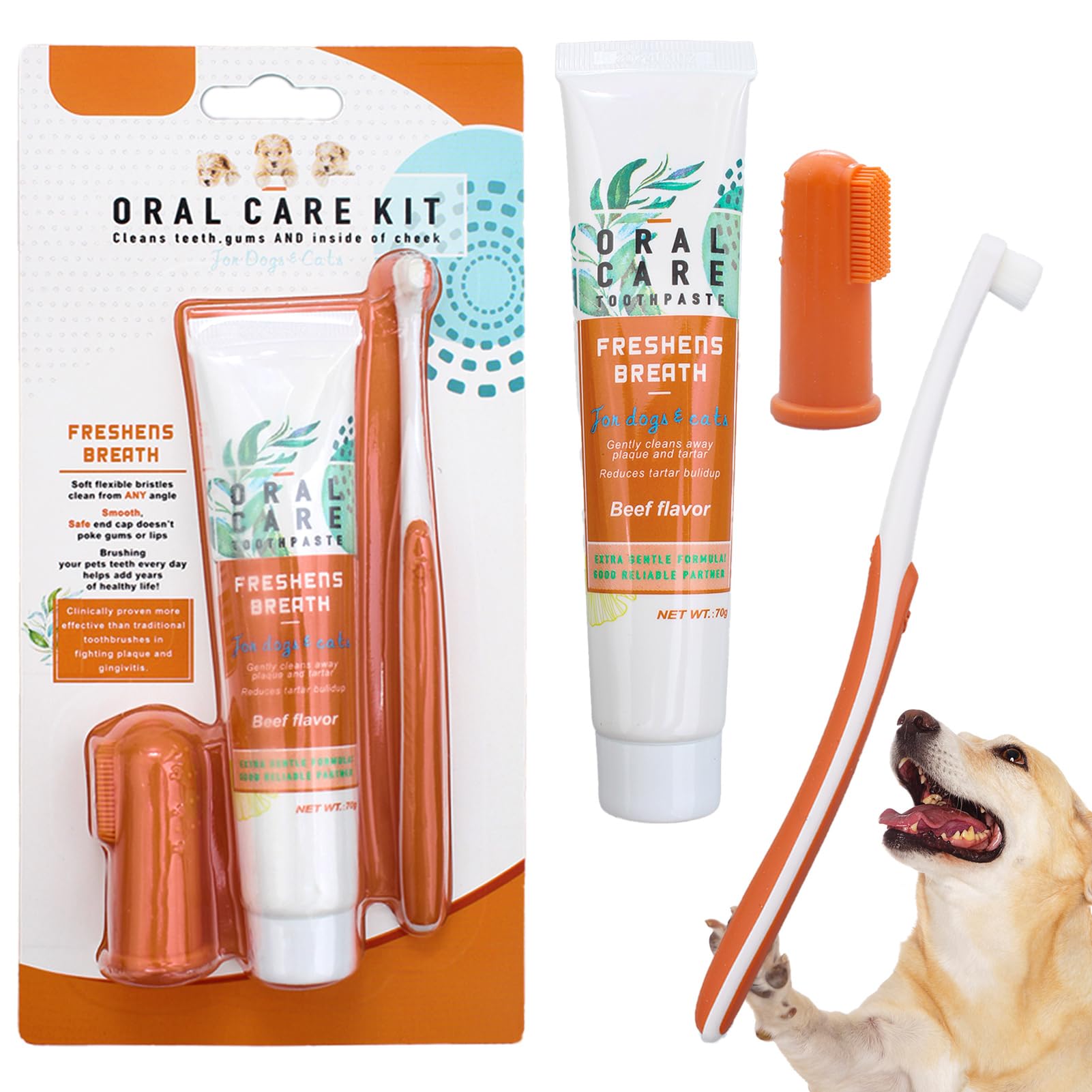 Set of 3 Toothbrush and Toothpaste for Dogs and Cats, Dental Cleaning for Small Pets