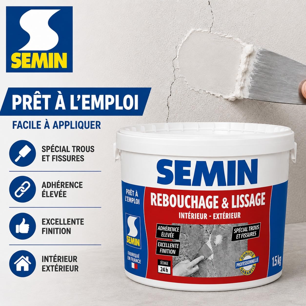 SEMIN Enduit de Rebouchage- 5 X 1,5 kg – Spécial Fissures & Trous de Vis – Intérieur/Extérieur – Prêt à l’Emploi – Haute Adhérence – Finition Lisse – Rebouchage Murs & Plafonds