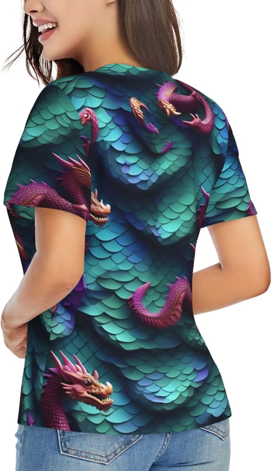 Women Casual 3D Magical Dragon Scales Pattern Print V-Neck T-Shirt Short Sleeve Summer Trendy Tops.