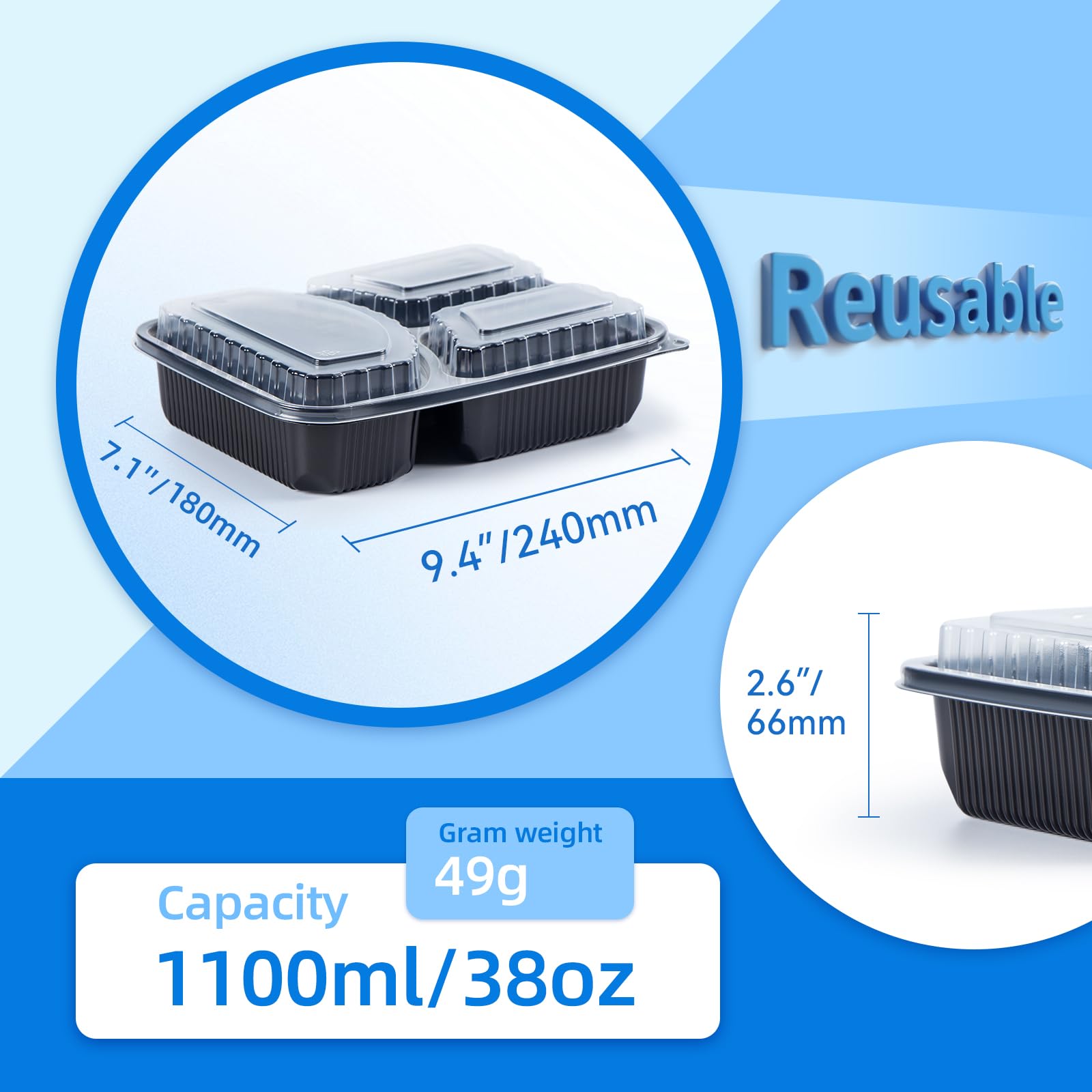 YANGRUI Contenedores To Go, paquete de 40 (40 bandejas + 40 tapas) 40 onzas reutilizables sin BPA, caja retráctil lavable a máquina, contenedor de preparación de comidas