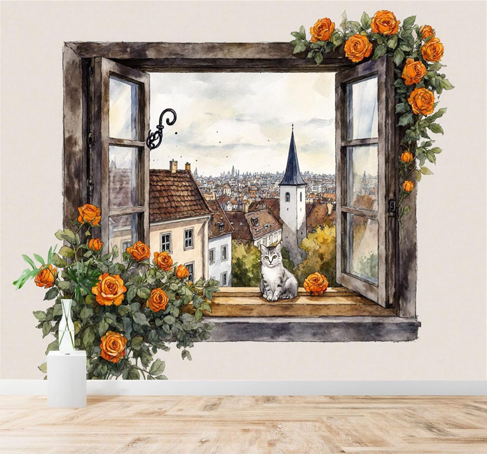 Tzxztt Retro Window Scene Orange Roses Cat Cityscape Illustration Modern 3D Wallpaper Premium Textured Silk Neutral Tones Material Ideal for Living Room Bedroom-150cm×105cm
