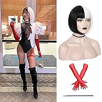 Vista 2 de WeKen Peluca corta en blanco y negro, mitad negra, mitad blanca, con flequillo, para mujer, cosplay, fiesta diaria (un juego blanco y negro)