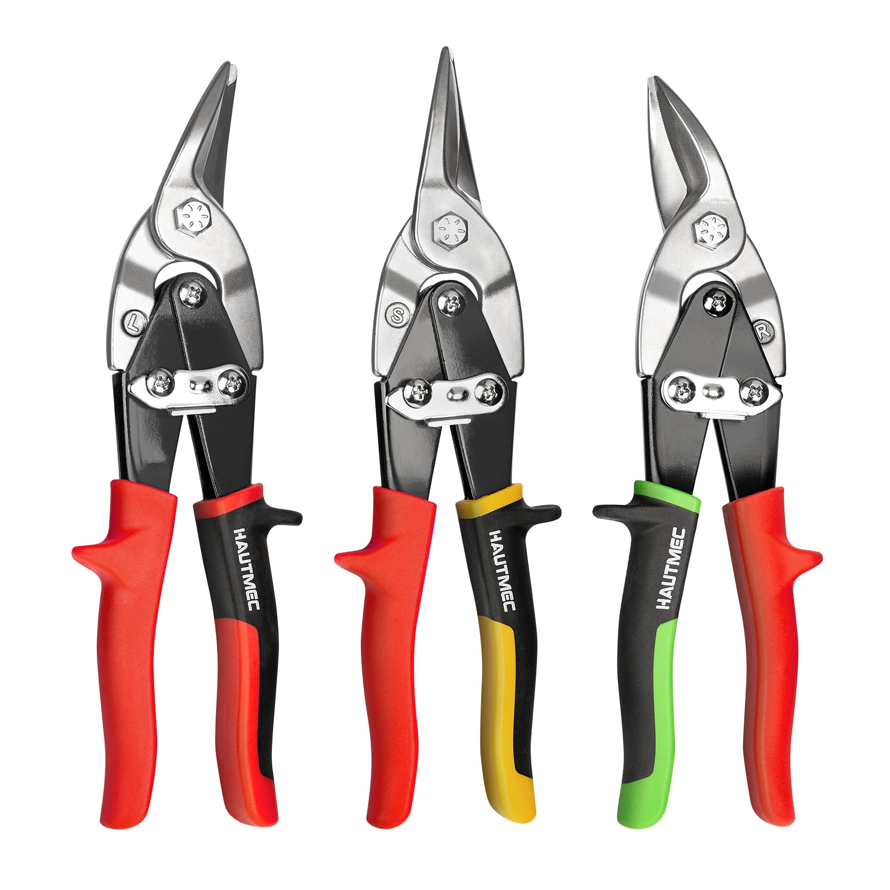 HAUTMEC 3 Pcs Aviation Tin Snips for Cutting Metal Sheet, Heavy-Duty CR-V Metal Shears, 10" Sheet Metal Cutter Tools with Safety Lock & Ergonomic Grip for Straight, Left & Right Cuts – HTSSM25063