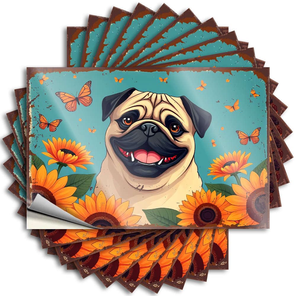 Fzfn Men's Colour Stickers - Core Laptop A Cheerful Pug Surrounded By Sunflowers And Butterflies. For Indoor Room Decor(6X9cm)