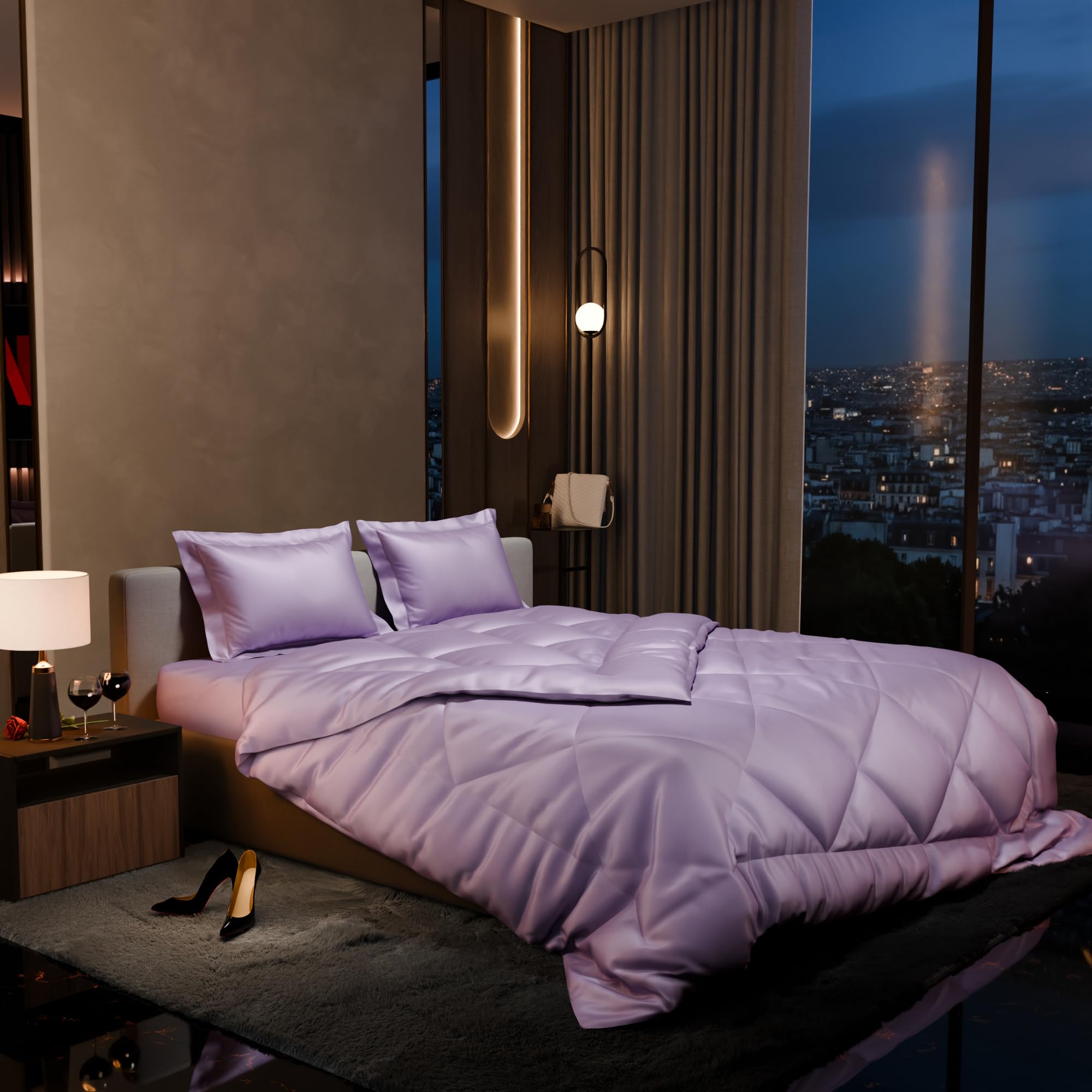 Stoa Paris Satin Comforter Set Double Bed with Satin Bedsheet & Pillow Covers, 300TC Complete Bedding Set, Ideal Gifts for Women, Couples, Bedroom Home Furnishing, Date Night - Lilac Affair