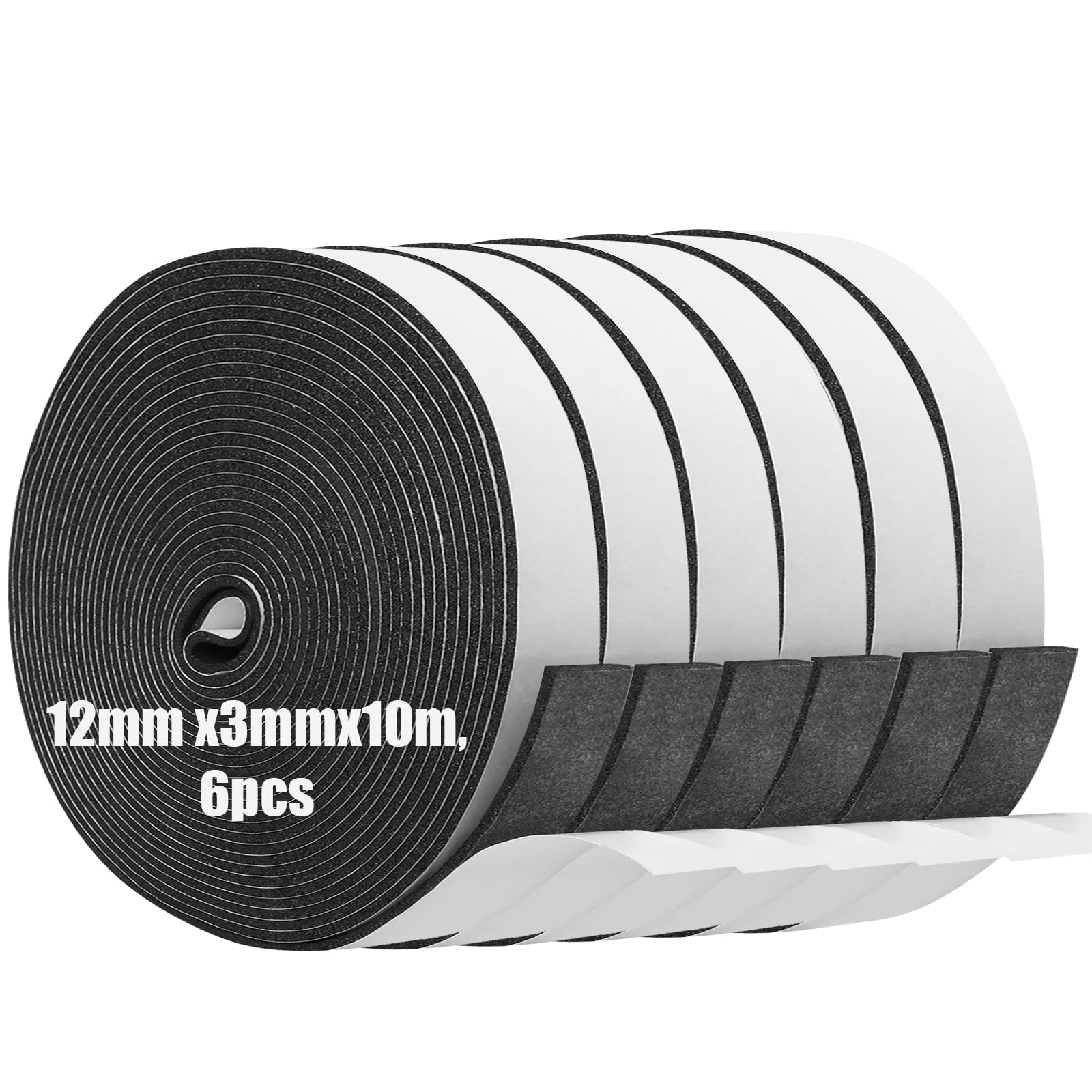 Foam Insulation Tape Self Adhesive,12mm(W) x3mm(T) x10m(L)-6pcs,Weather Stripping for Doors and Windows,Sound Proof Soundproofing Door Seal,Weatherstrip,Cooling,Air Conditioning Seal Strip