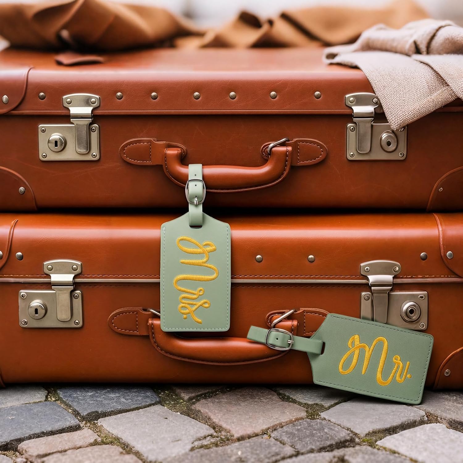 Hsei 2 Pcs Mr and Mrs Luggage Tags 2026 Honeymoon Gifts Wedding PU Leather His Her Luggage Tag Bridal Shower Gifts for Couple(Sage Green)