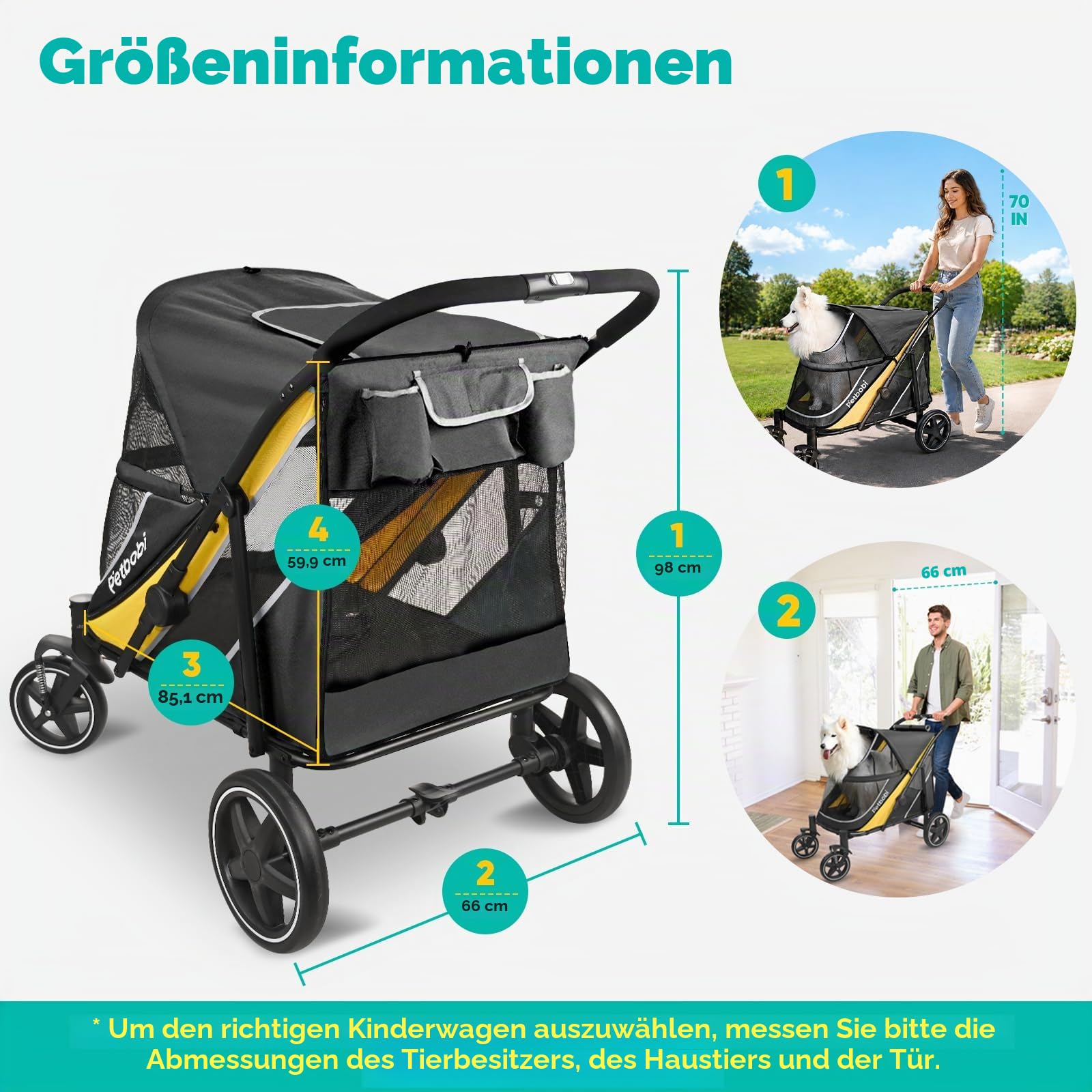 Petbobi Hundekinderwagen für mittelgroße und große Hunde, leicht zusammenklappbar, Doppel-Einstieg, Fußbremse, All-Terrain mit Luftnetz, ideal für ältere Haustiere bis 36 kg, Schwarz