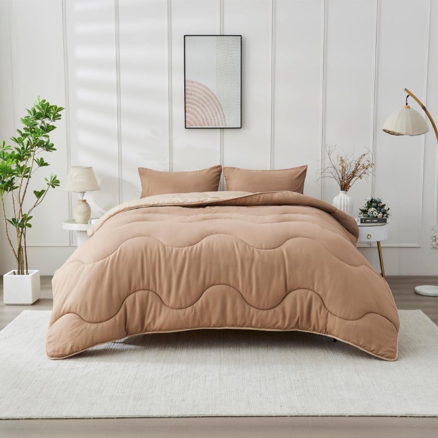 Brillars Coverless Duvet & Pillowcase Set – 10.5 Tog Reversible Microfibre Comforter, Waves Design – Soft, Warm, All-Season Quilt, Machine Washable, No Cover Needed (Natural/Dark Natural, Single)