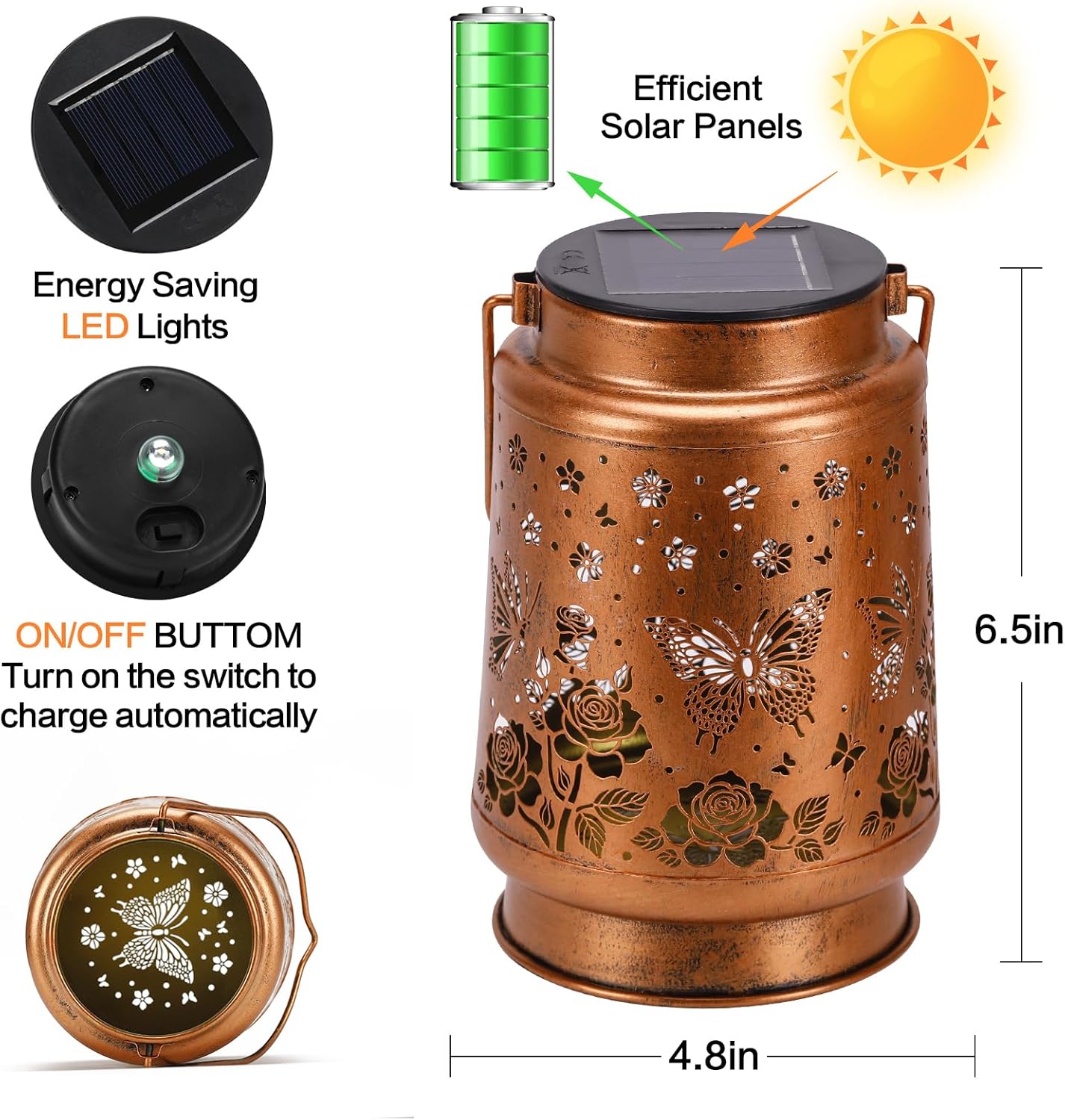 2 Pack Butterfly Solar Lanterns Outdoor Waterproof Rose Garden Decor Gifts for Women Mom Grandma Hanging Solar Lights Metal Lantern Decoration Outside for Yard,Patio,Backyard,Porch