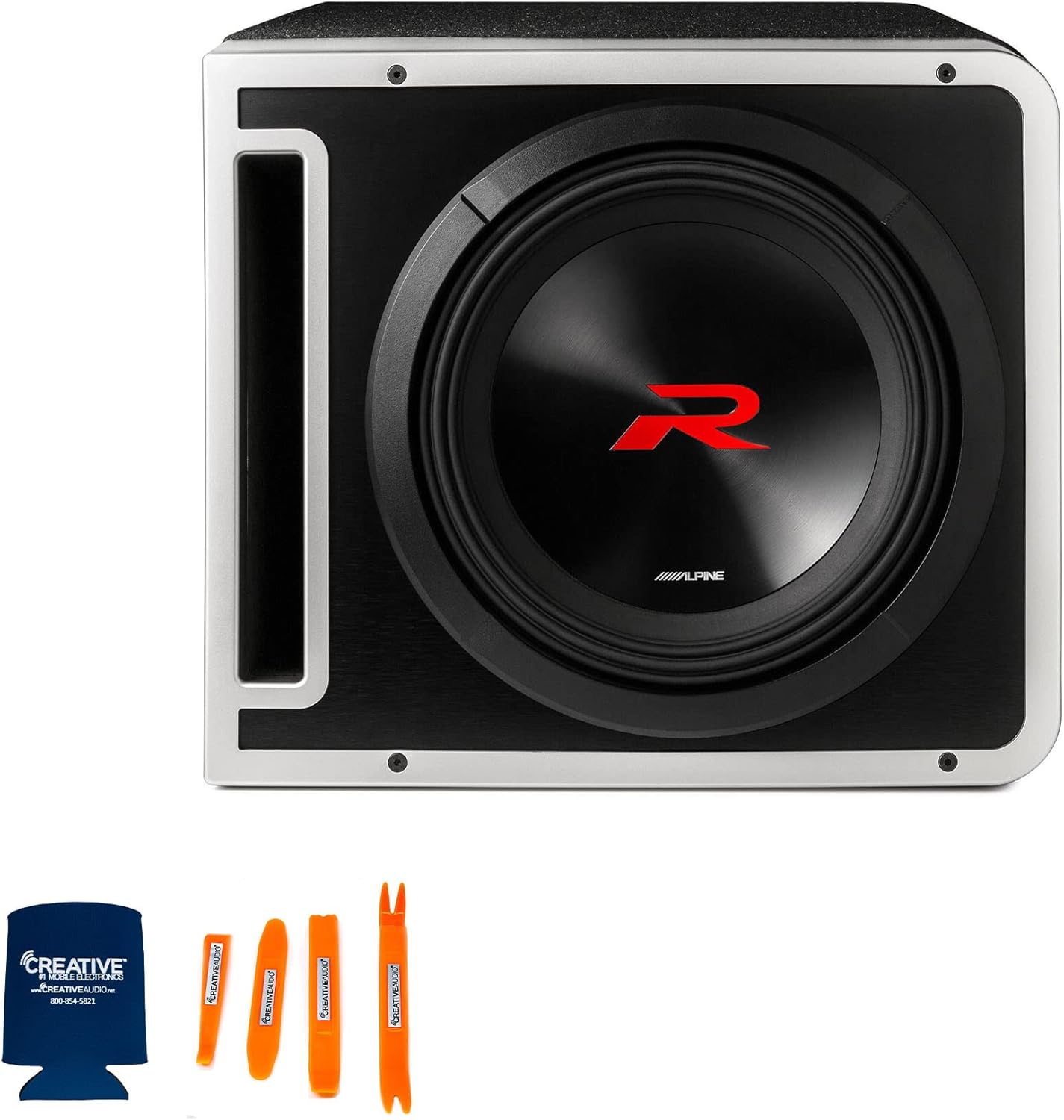 A close-up shot of the Alpine R-Series Subwoofer.