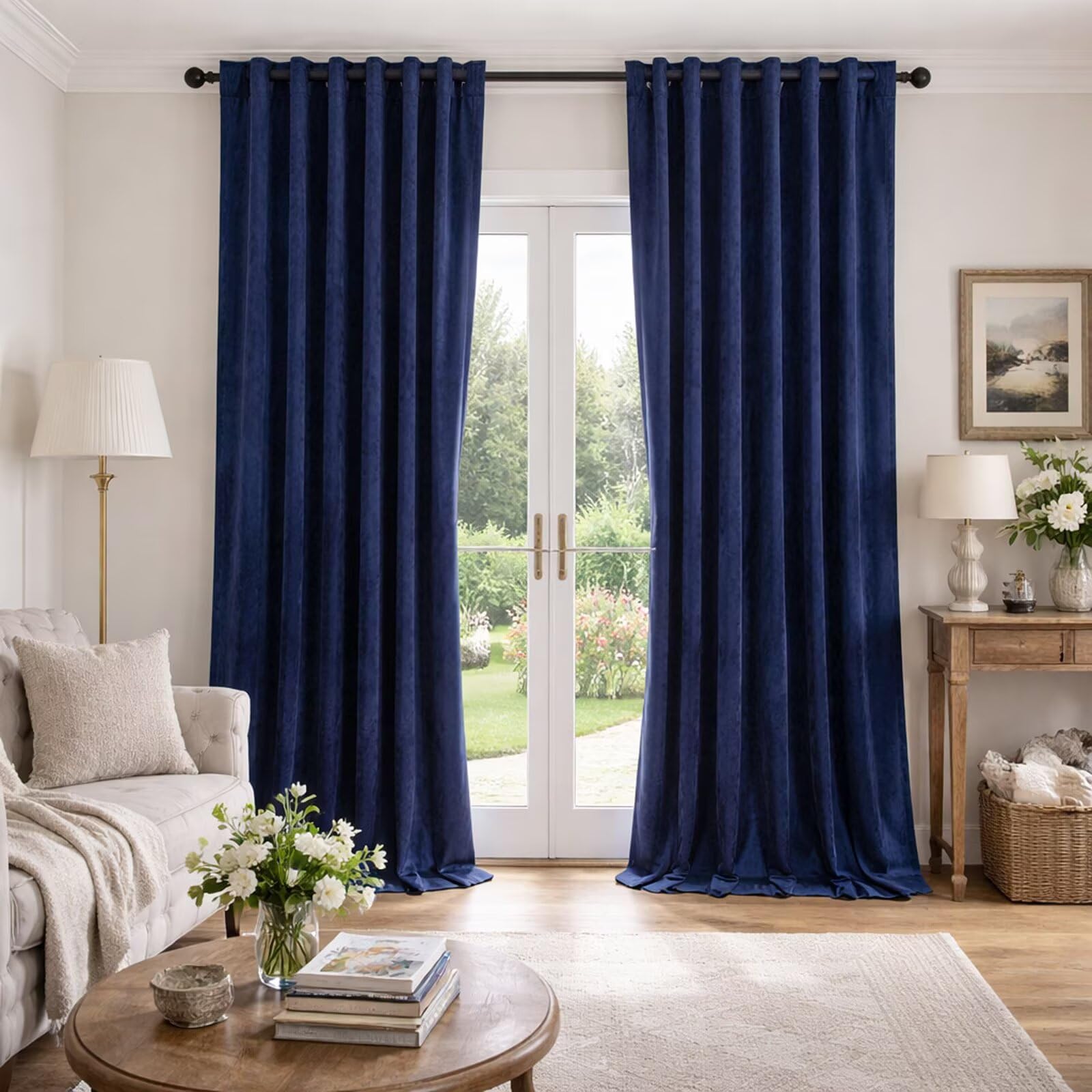 Lot de 2 rideaux occultants en velours à isolation thermique pour chambre à coucher et salon – 254 cm de large x 213,4 cm de long, bleu