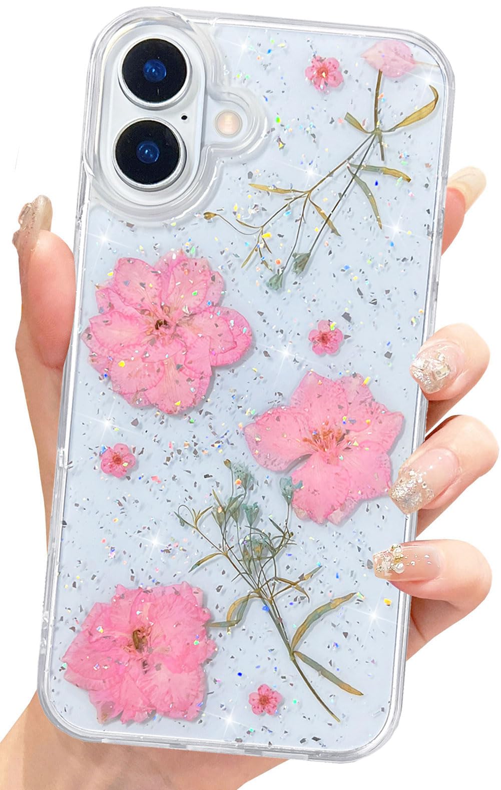 CEOKOK for iPhone 16 Case Pink Flowers Clear Glitter with Real Pressed Dried Floral Design Cute Bling Sparkly Aesthetic Soft TPU Slim Shockproof