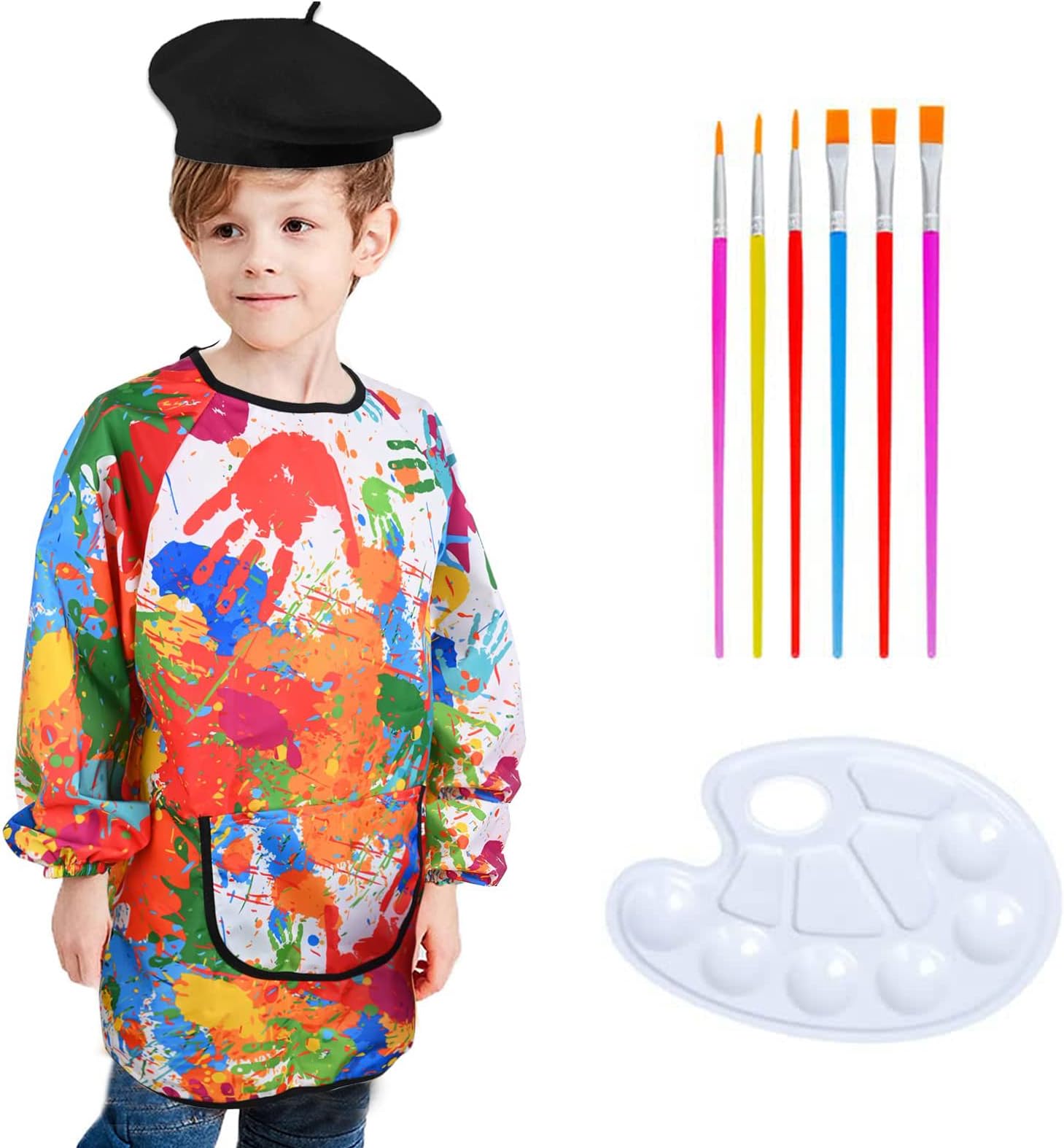 Matiniy 6 Pcs Artist Costume Accessories Set Include Black Beret Hat,Colorful Footprint Apron,Painting Brush Drawing Board
