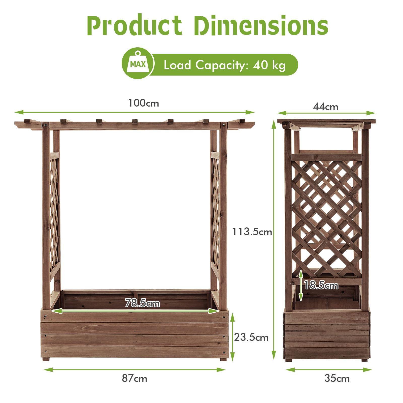 HOMASIS Fioriera da Esterno con 2 Grigliati e Tettuccio, Fioriera con Spalliera in Legno, Vasi per Piante da Esterno per Piante Rampicanti da Balcone (Marrone, 100 x 44 x 113,5 cm)