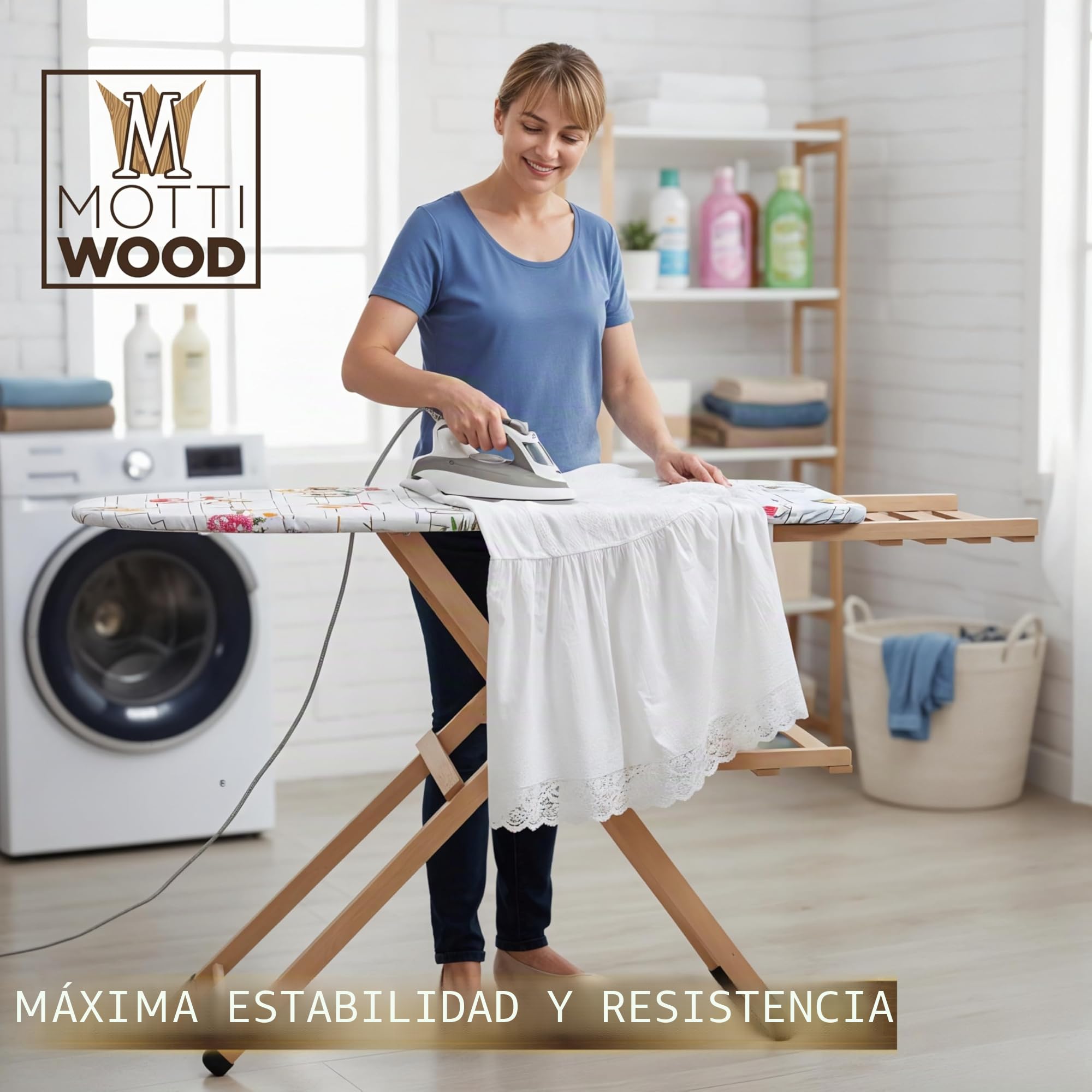Tabla de planchar, tabla de planchar, ajustable y plegable, 115 x 40 x 140 cm, madera de haya, portacalderas, fabricada en Italia (natural)
