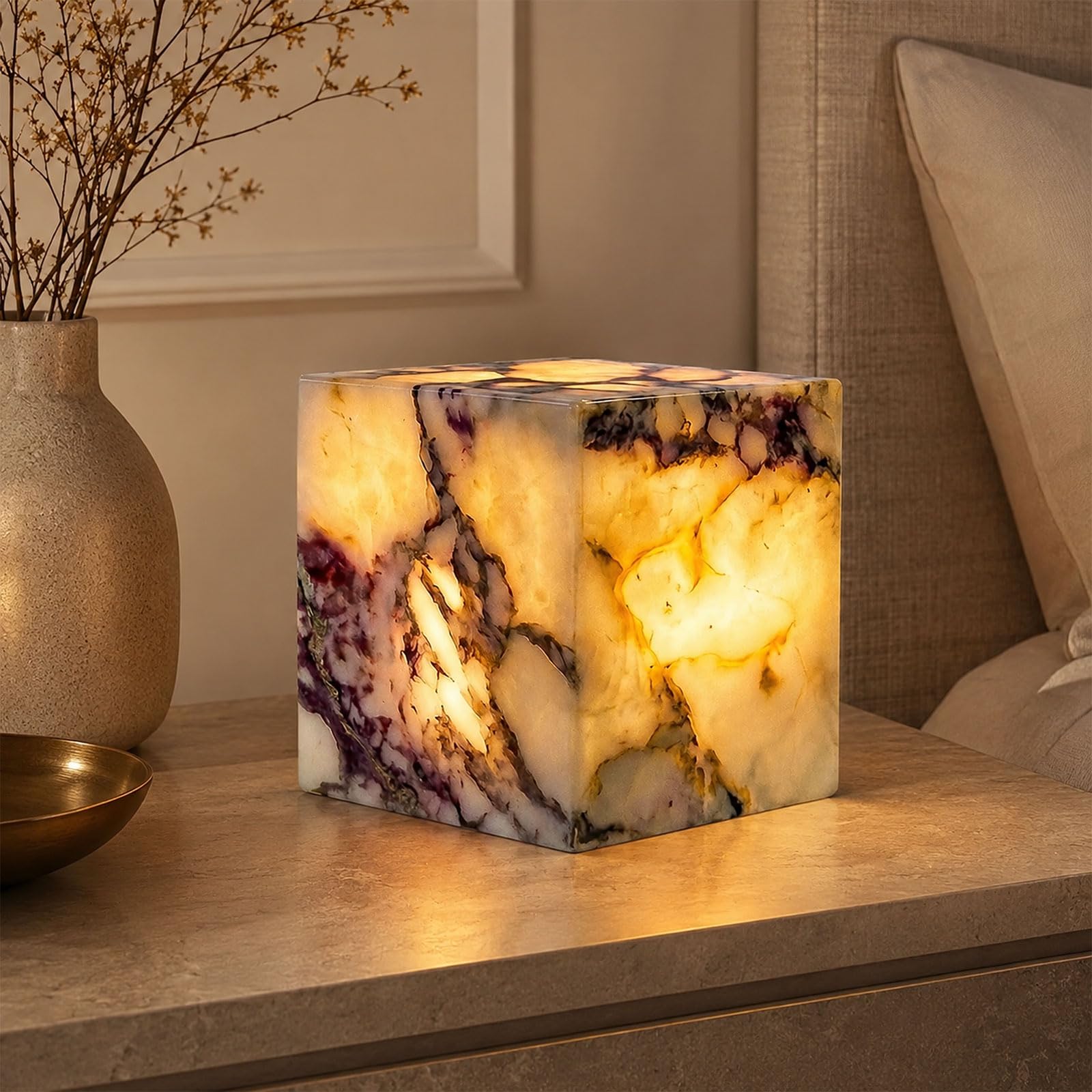 KlkrzJwy Marble Cube Table Lamp 4" Natural Alabaster Touch Lamp Cordless Rechargeable Table Lamp With Type-C 3 Color Dimmable Stone Night Light For Bedroom Bedside Living Room Decor Gift