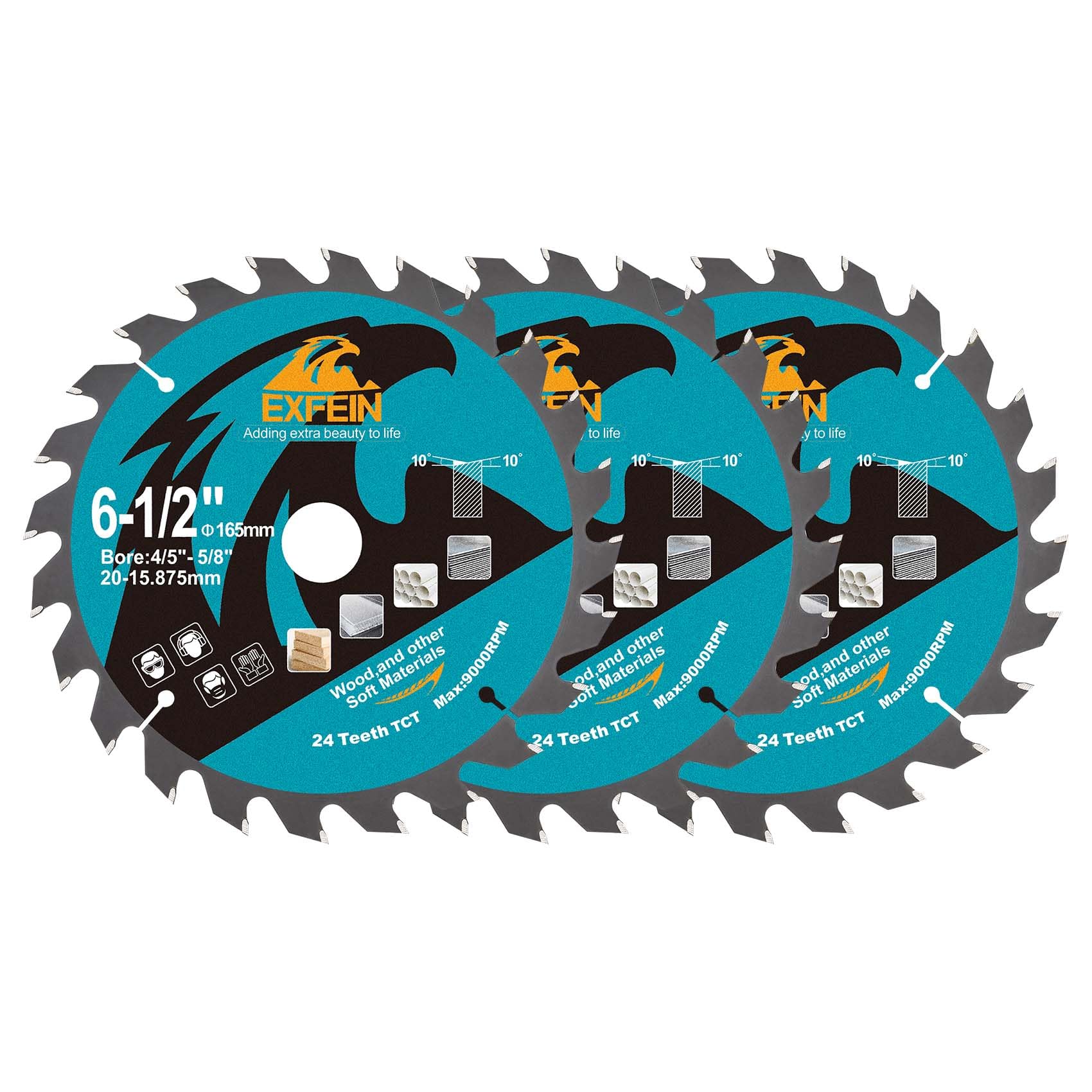 EXFEIN 165mm Wood Cutting Discs 3pcs, 24 Teeth ATB TCT Fine Finish Disc with 20mm Bore for Wood Plastic, 165mmx20mm, 24T