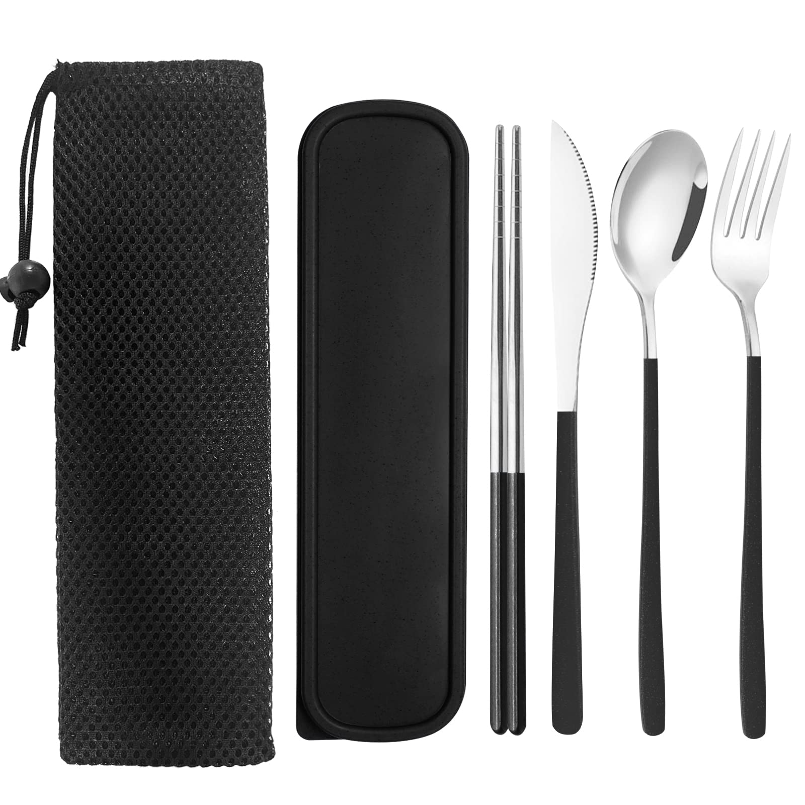 Reusable Utensils with Case, Travel Silverware Set with Case, 18/8 Stainless Steel Flatware Set Include Knife Forks Spoons Chopsticks Portable Cutlery