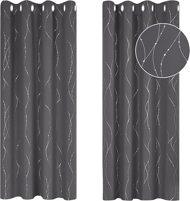 Deconovo Curtains for Living Room, Dotted Line Decorative Super Soft Thermal Insulated, Energy Saving Blackout Curtains for Kids, Dark Grey, 46 x 54 Inch(Width x Drop), 2 Panels