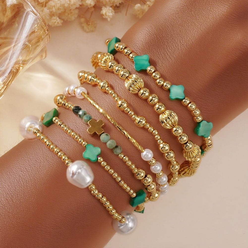 Dainty Cross Clover Gold Beaded Pearl Bracelet Stack for Women,Handmade Boho Gold Plated Beads Stretch Stackable Bracelets Fashion Birthday Prom Jewelry Accessories Gift Friendship - Image 3