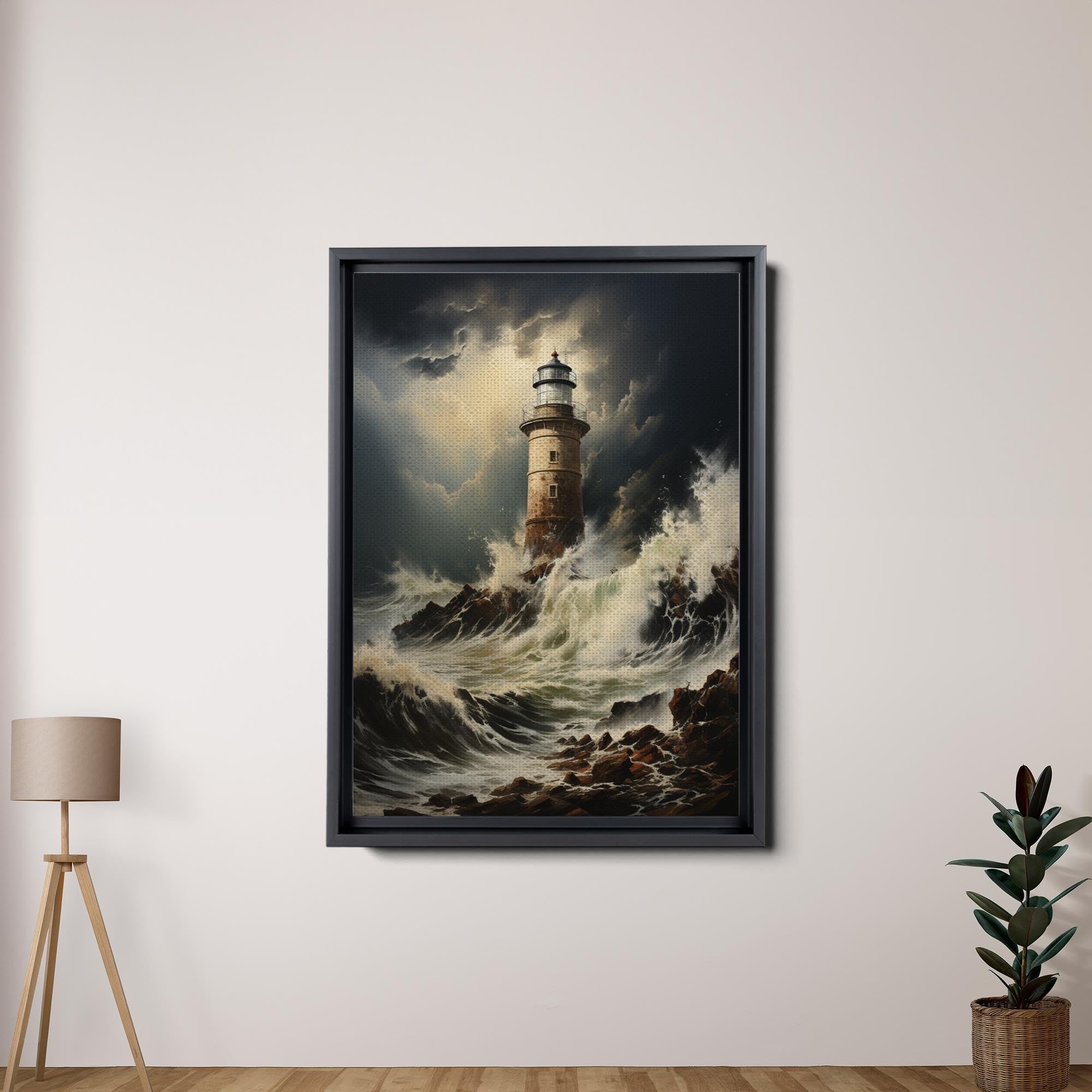 Lighthouse in a storm, black and white, tsunami waves, framed canvas print, ready to hang framed wall art, Wall Art, Art Decor