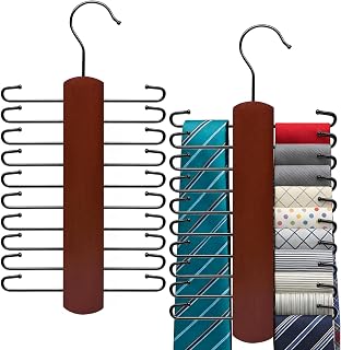 Pack of 2 Wooden Tie Hangers with 20 Bars, Tie Holder 360° Rotatable, Belt Hanger, Tie Storage, Belt Holder, for Scarves, Accessories, Belt Organiser