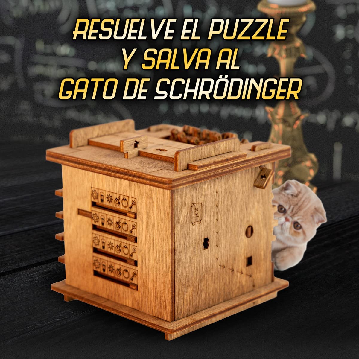 iDventure Cluebox - El Gato de Schrödinger - Enigma 3D de Madera con Mecanismos Secretos – Un Desafío Intrigante para Mentes Curiosas y Amantes de los Rompecabezas, Ideal para Quienes Buscan un Reto