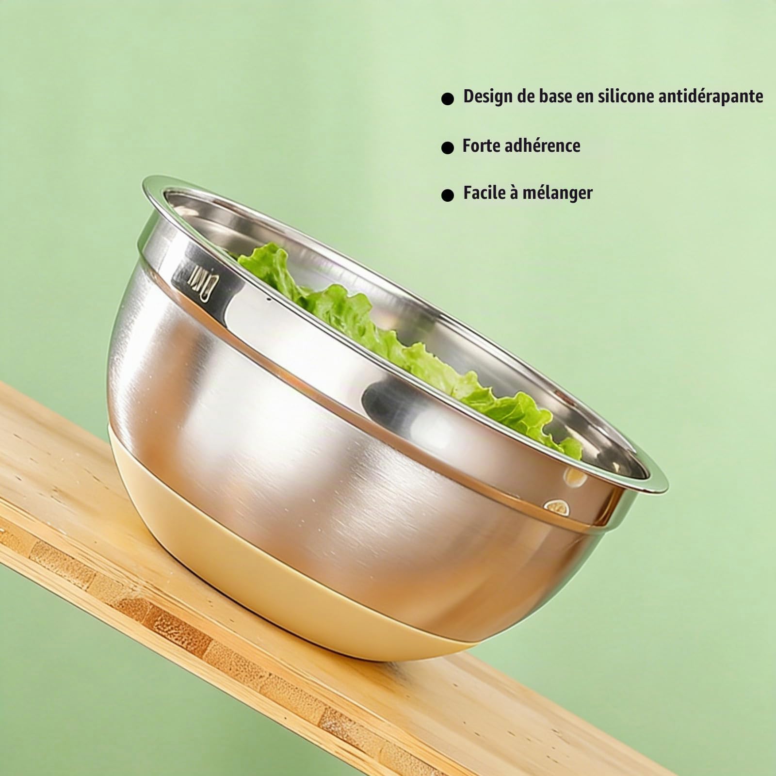 5 Pcs Saladier Inox, Cul de Poule Inox, Saladier avec Couvercle, Base en Silicone Antidérapante, Bol Inox Cuisine Bowl de Mélange avec 3 Râpes, Empilables et Lavables au Lave Vaisselle