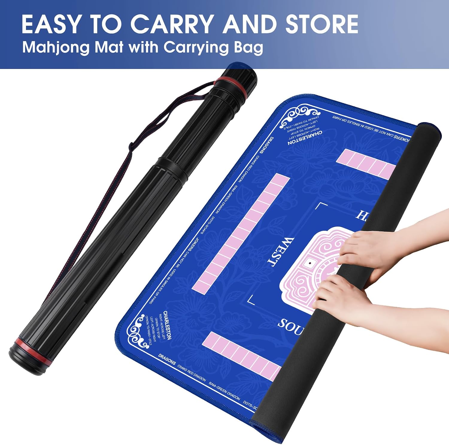 Mahjong Mat- Non-Slip and Noise Reduction Mahjong Table Mat with Carrying Bag, 31.5x31.5 Inch Waterproof Surface Mahjong Mats for Poker, Card, Dominoes, Board & Tile Games. (Blue)