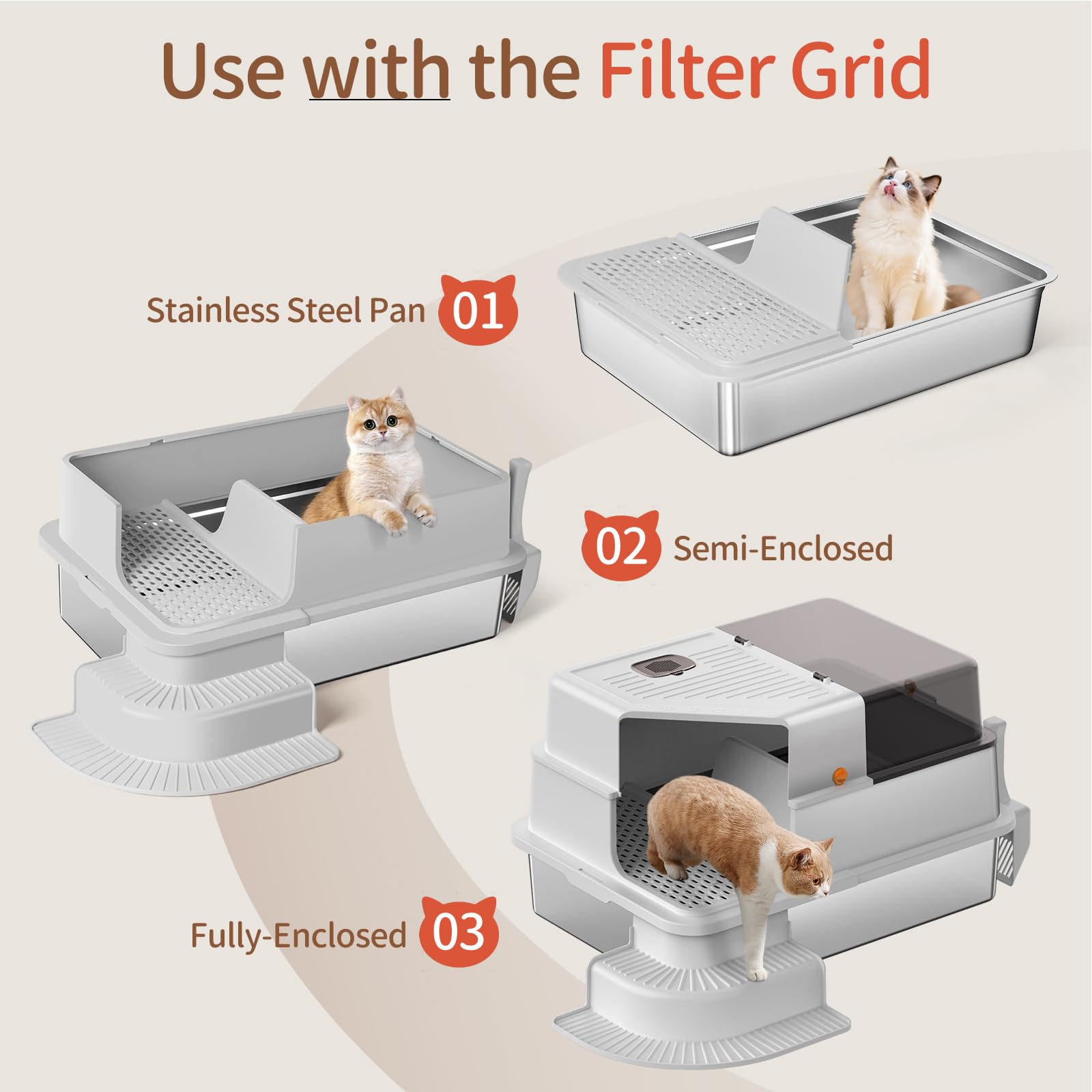Litière pour Chat en Acier Inoxydable, bac à litière Haut en métal avec allée filtrée, Marche, Pelle, Non Collante, sans Odeur, Facile à Nettoyer (Gris Clair)