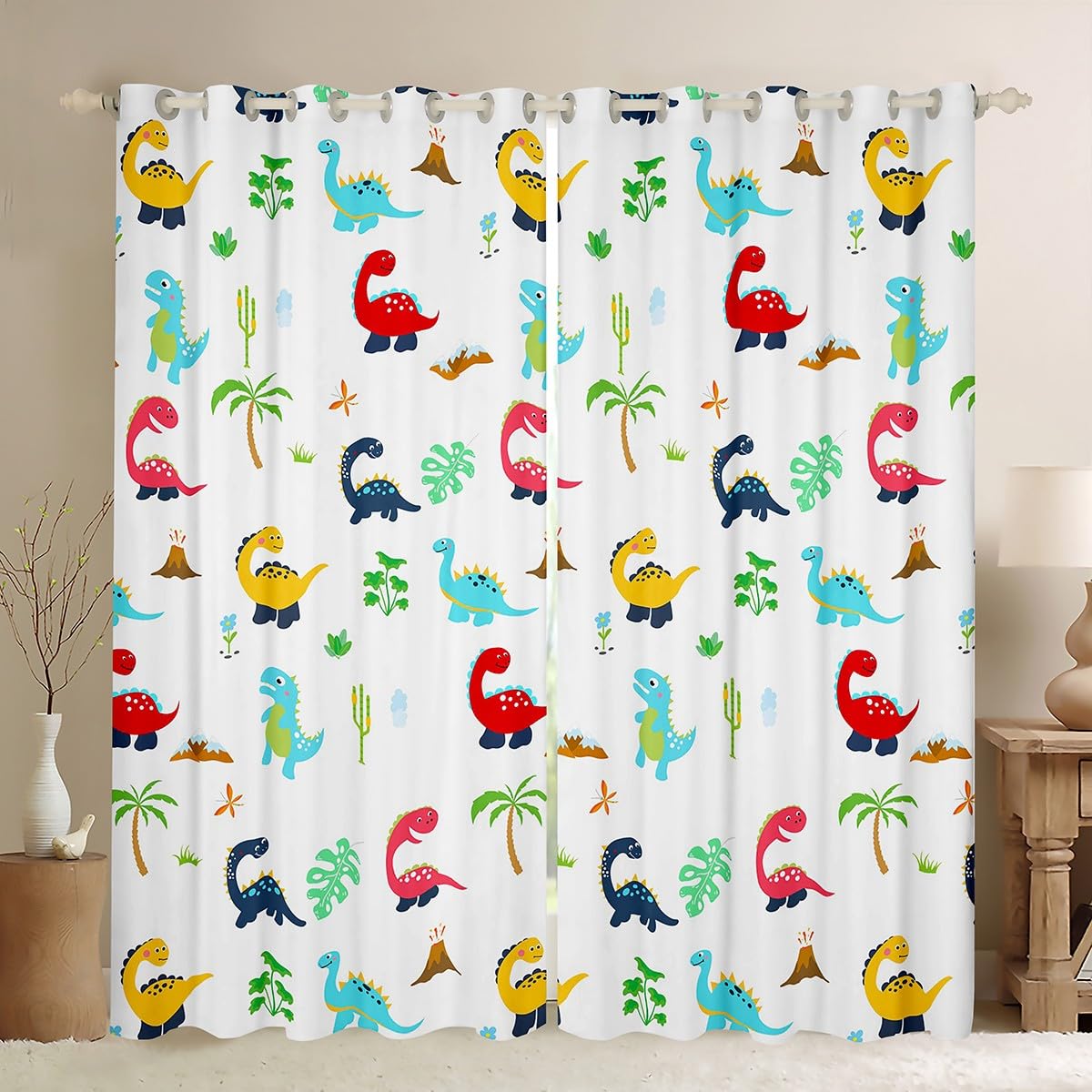 Homemissing Cartoon Dinosaur Curtains for Bedroom Living Room 3D Digital Print 30%-50% Blackout Curtains Palm Tree Leaf Window Drapes Jungle Dino Red White Window Treatments W46*L54 — image 1