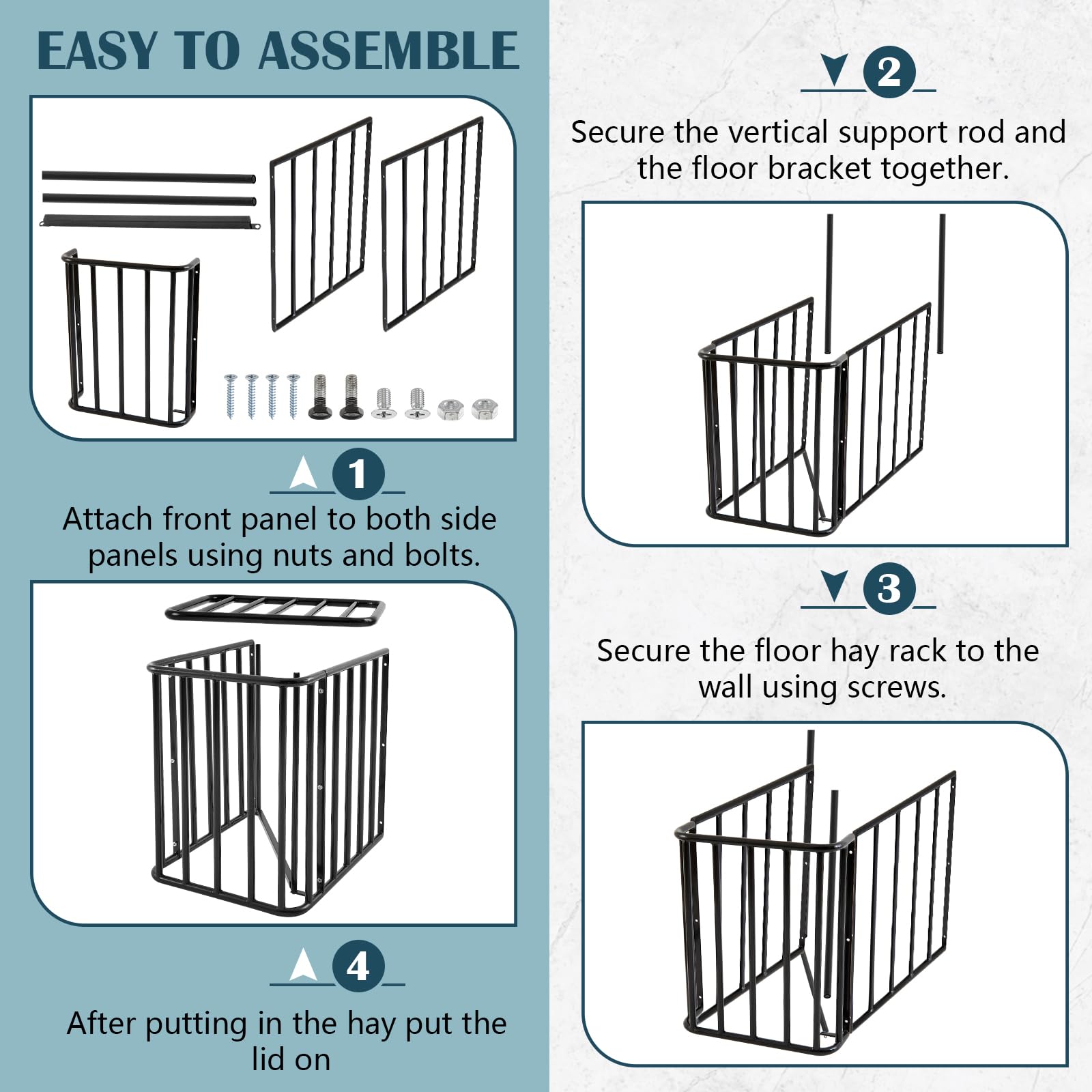 Otoolling Flat Wall/Corner Hay Feeder for Horse, Large Hay Rack Feeder Blanket Holder, 2.5" Healthy Slow Eating Prevents Waste, Easy Assembly for Goats Sheep Indoor Outdoor(Flat Wall with Lid) - image 5