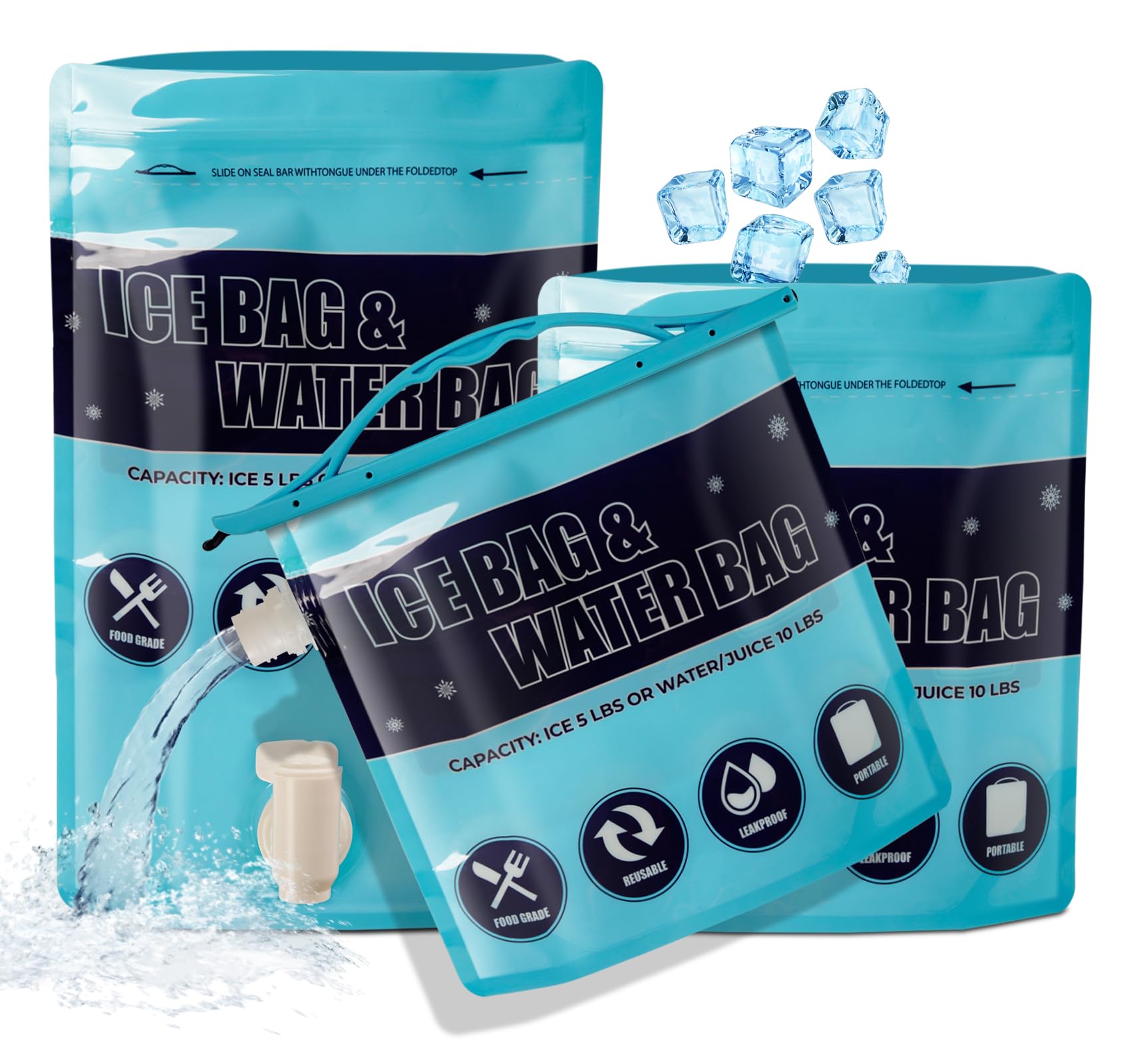 1Plusselect Reusable Ice Bag, 3 Pack Ice Cube Bags in Two Size (1 x 5lb, 2 x 2.5lb) Leakproof Ice Bag Collapsible Water Container Long Lasting Dry Freezer Packs and Chilled Water for Camping Hiking