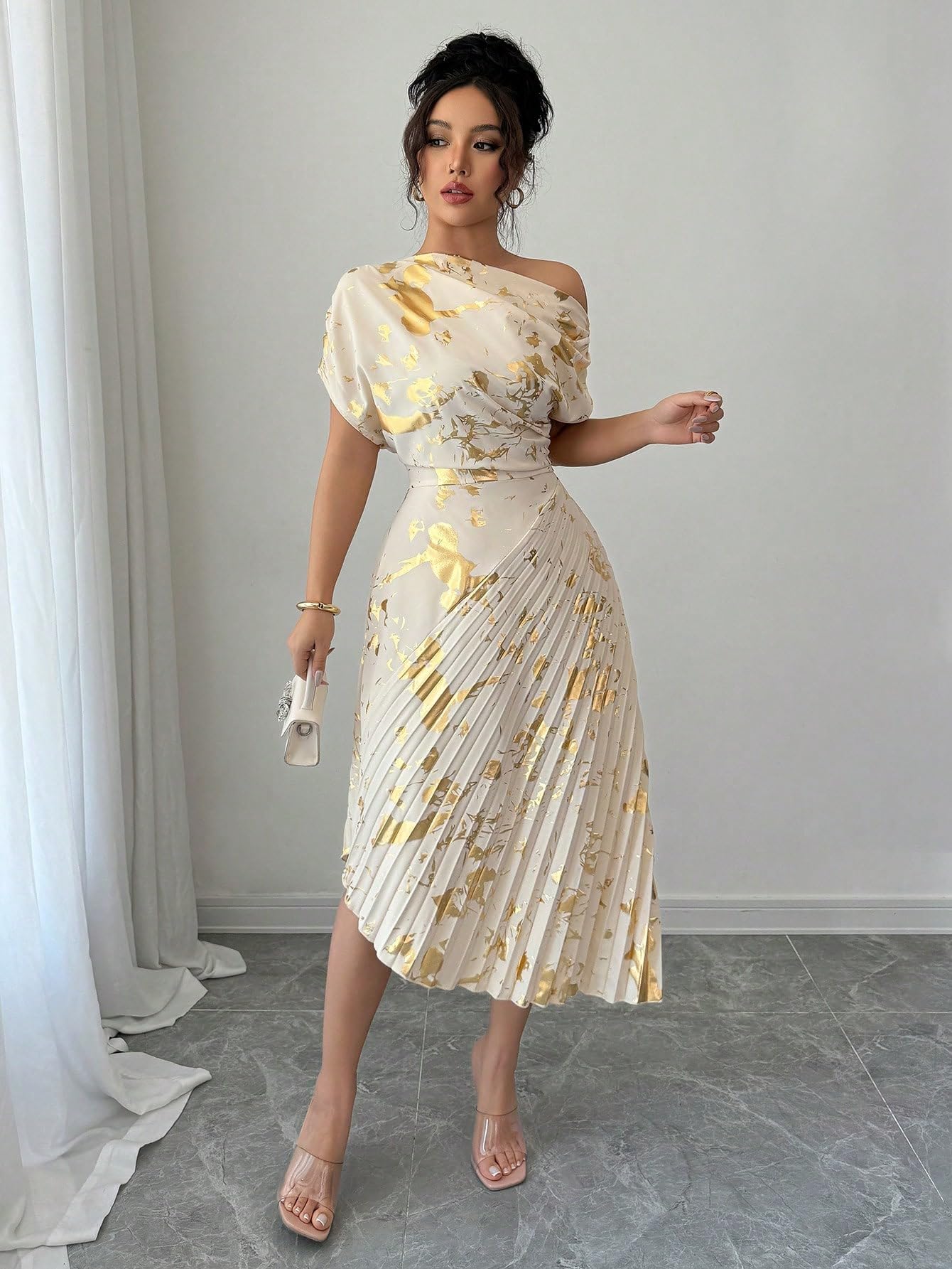 Women's Metallic Gold Floral Print Asymmetrical Midi Dress, One Shoulder Pleated Cocktail Dress for Party & Wedding, Gold, Small-Medium : 