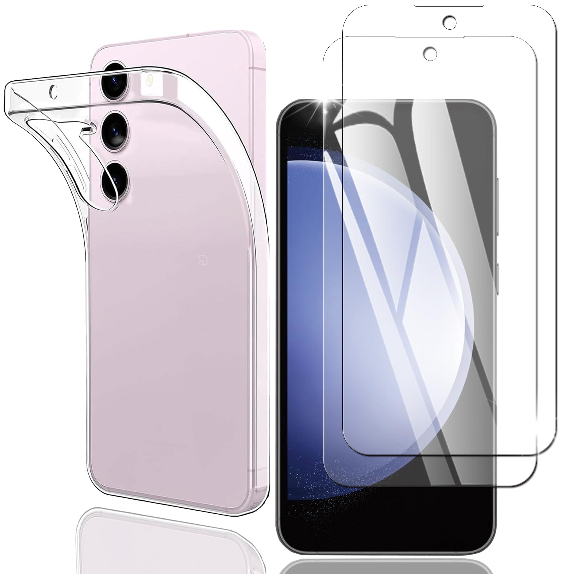 Nutmeg Galaxy S23 FE ガラスフィルム（2枚）+ Galaxy S23 FE ケース クリア（1枚）【旭硝子素材採用】SCG24 フィルム ギャラクシー S23 FE 保護フィルム カバー 携帯ケース スマホケース 硬度9H 高透過率 指紋防止 スクラッチ防止 撥水撥油 飛散防止 衝撃吸収 らかい手触り 滑り止め TPU 黄変防止