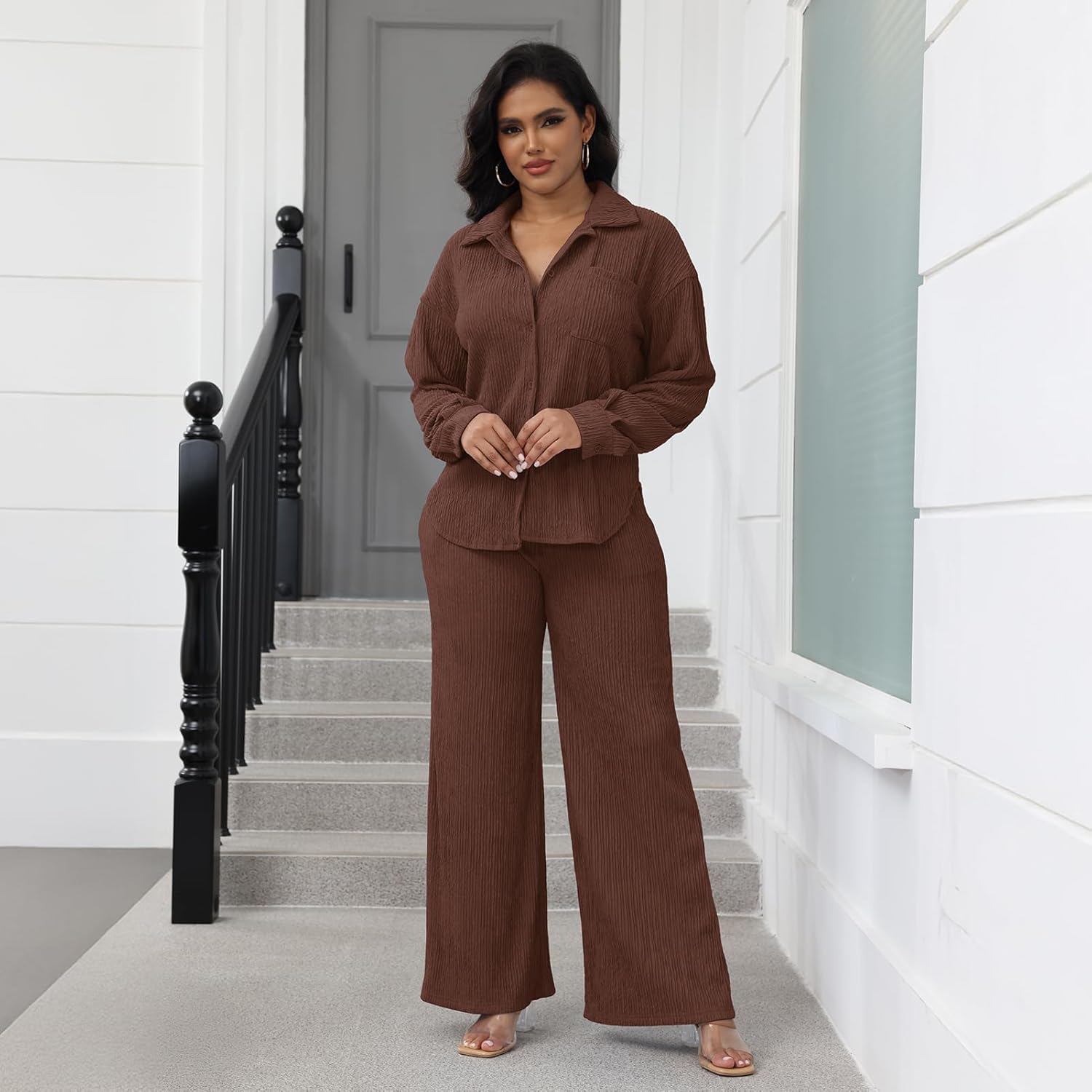 Elainone Women's 2 Piece Outfits Button-Down Shirt Long Sleeve and Flare Pleated Wide Leg Pant Sets With Pocket - Image 3