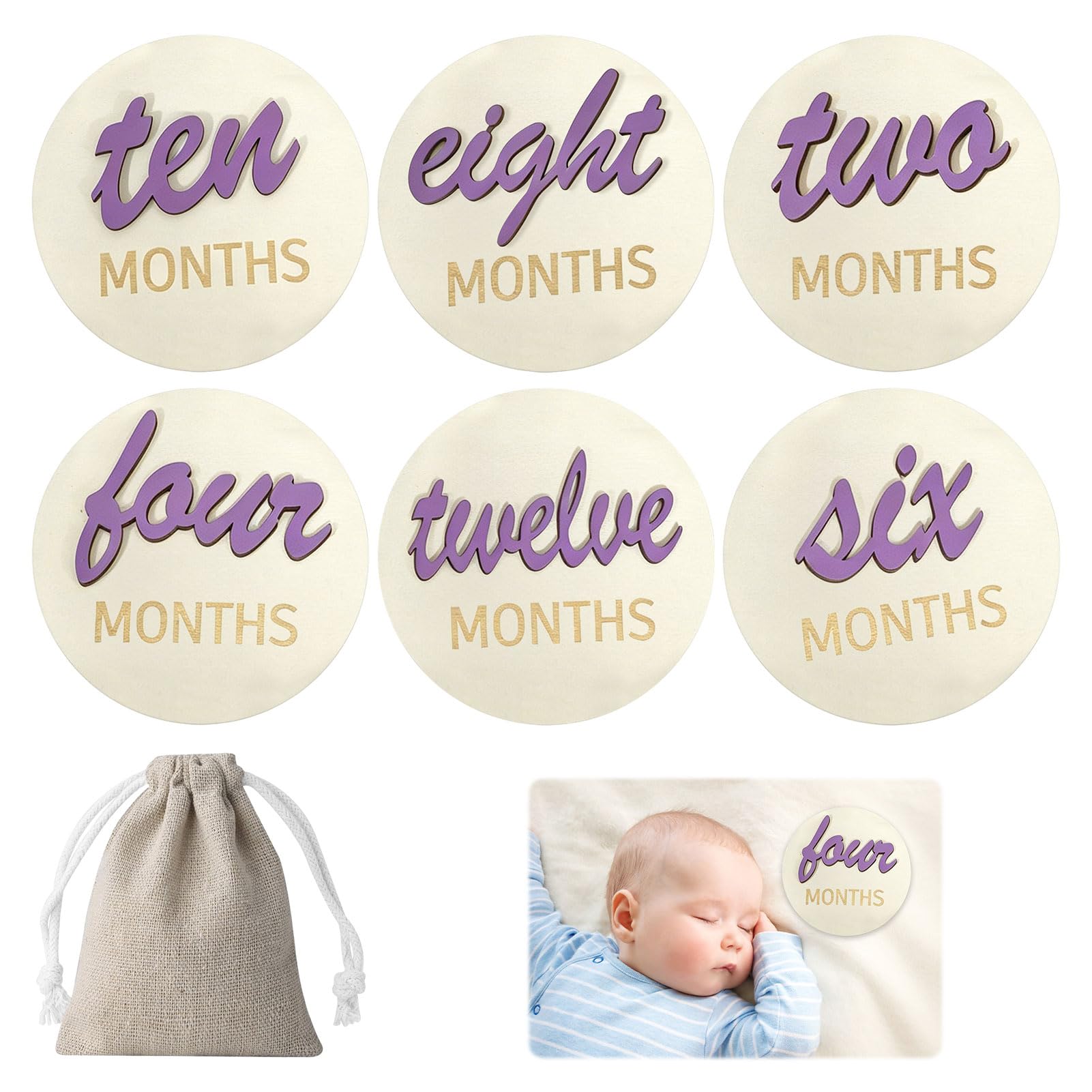 Baby Monthly Milestone Cards, 6 Piece Purple Wooden Milestone Baby Cards Set, Baby Shower Gift Ideas with Storage Bag, Wooden Baby Milestone Cards Discs for Memory Preservation