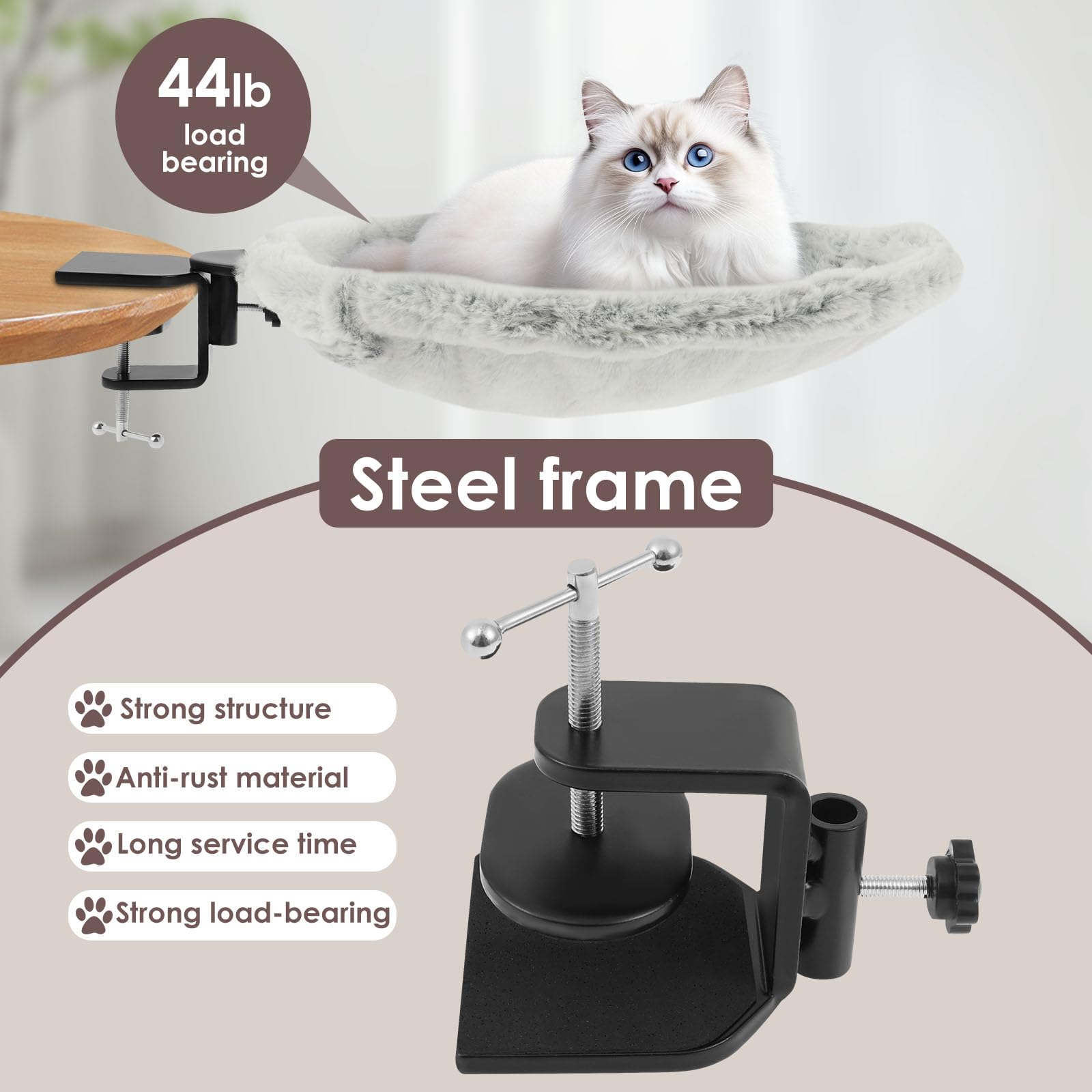 Plüsch Katzenhängematte, Starke Bequem Katzenschreibtischbett bis 20kg, Katzen Hängematte mit Stabiler Stahlhalterung, Platzsparend, Hängebett für Bürotische Schreibtisch und Computertische(grau)