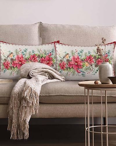 Miniatura 2 de Paquete de 2 fundas de almohada decorativas de algodón, diseño de flor de pascua, baya y cardenal de Feliz Navidad, 12 x 20 pulgadas, rectangular,