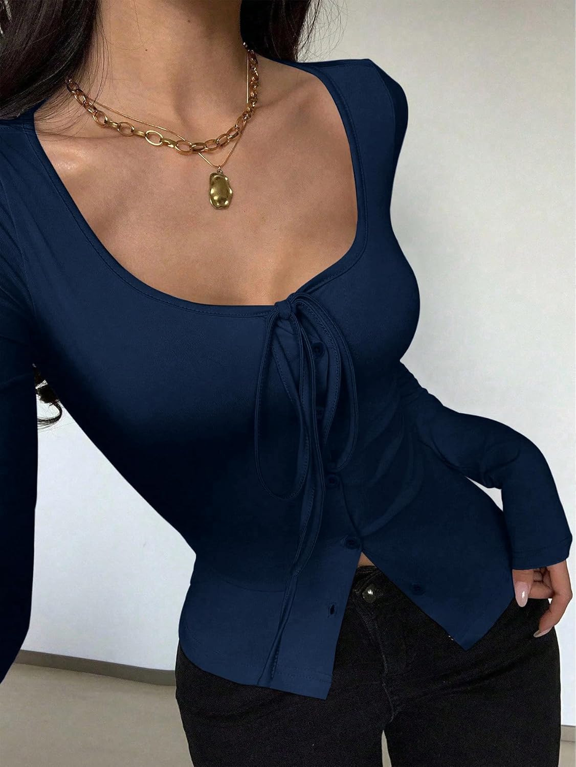 SOLY HUX Women's Long Sleeve Shirts Bow Tie Button Down Scoop Neck T-Shirt Aesthetic Going Out Tops - Image 6