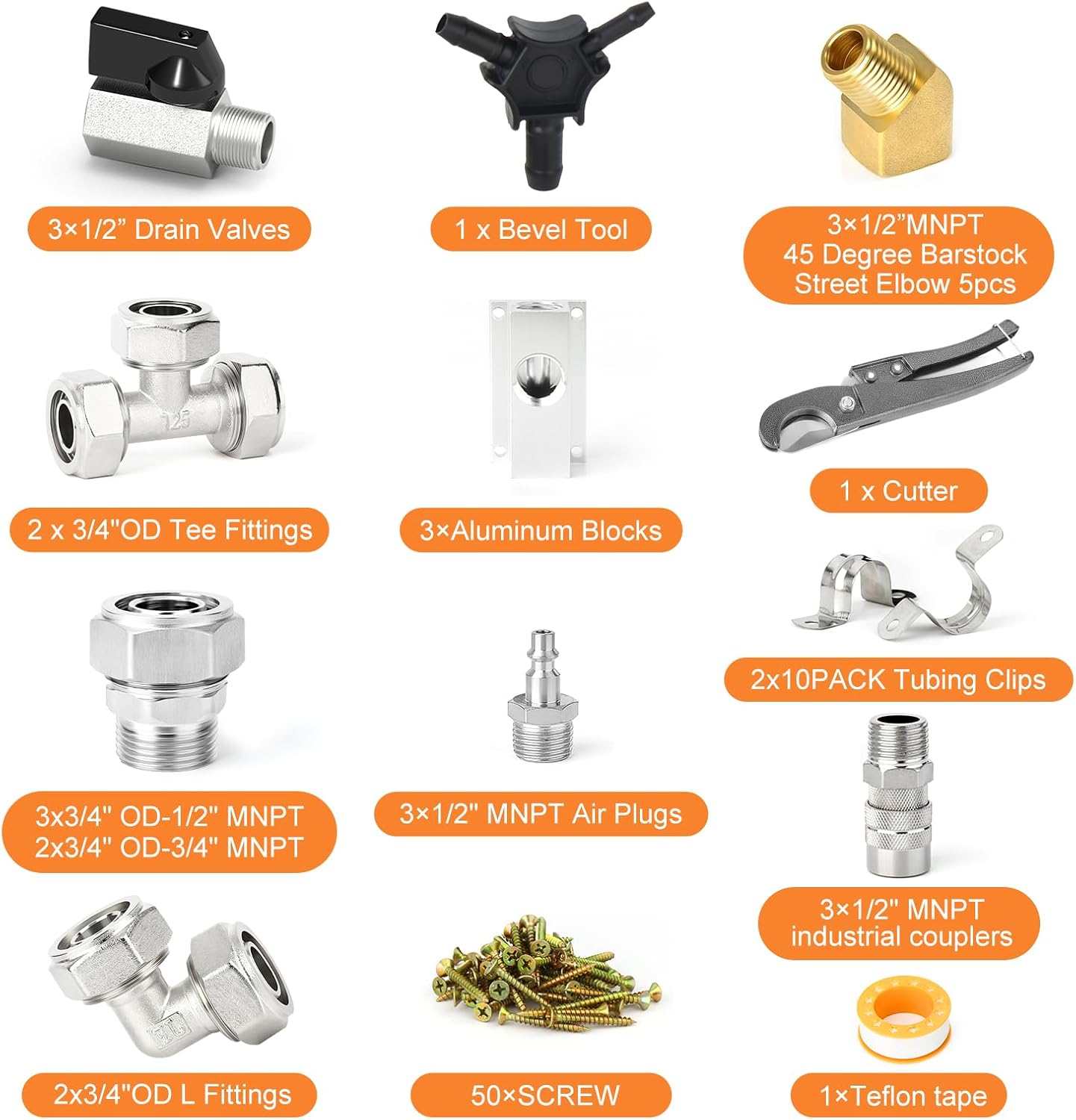 GASHER 97Pieces Compressed Air Piping System, Aluminum Outlet Blocks, Tees, Cutter, Connectors, Tees, Mounting clips