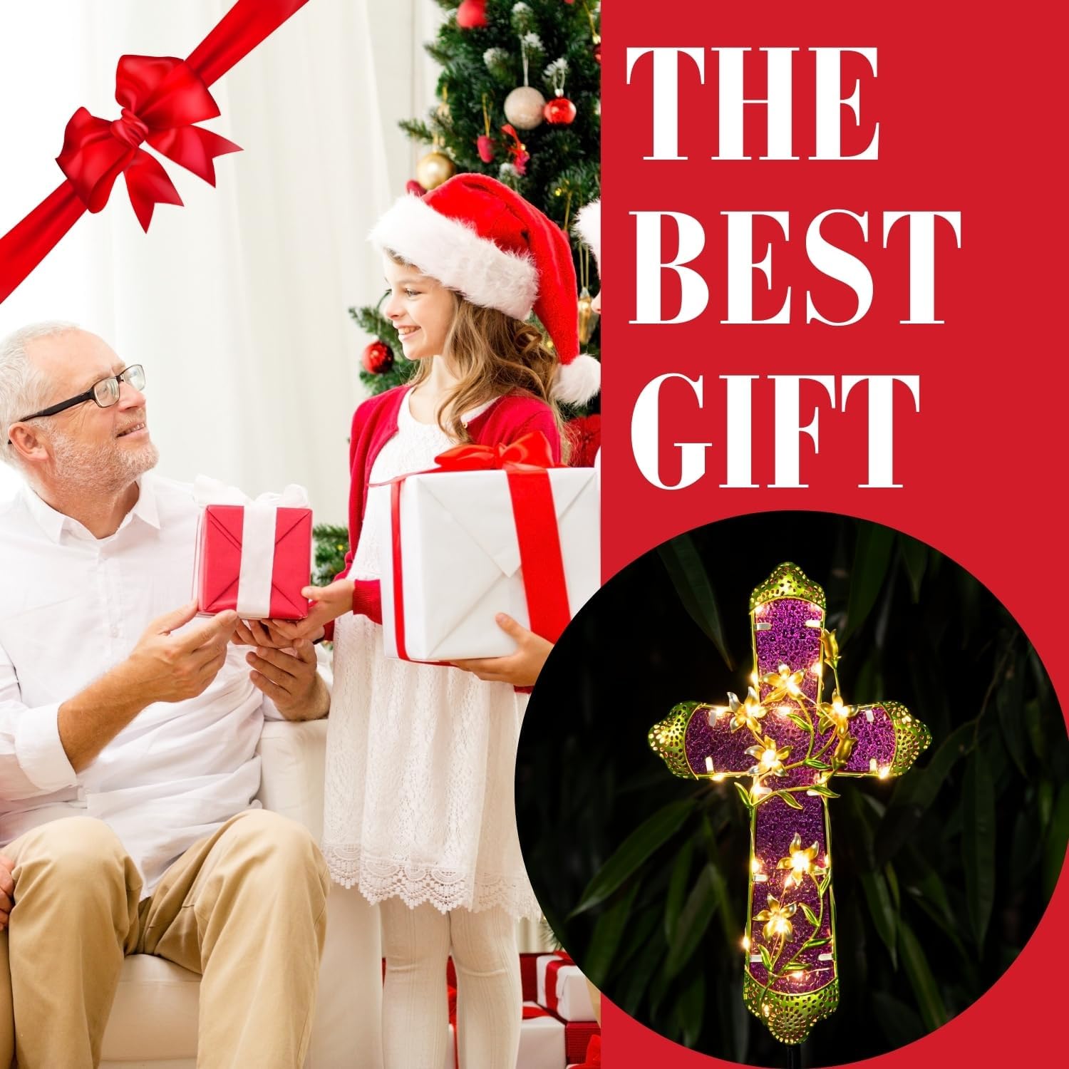 Solar Cross Stake for Cemetery Grave, Memorial Grave Decoration with Flowers and LED Light, Outdoor Solar Cross for Lawn Garden Pathway Decor (Fuchsia)