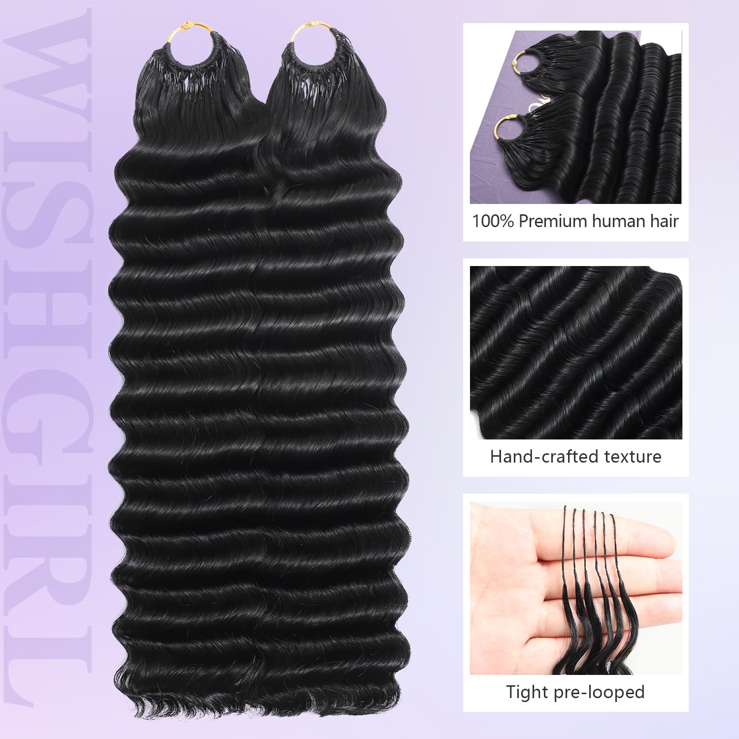 Deep Wave Knotless Pre-Separated Crochet Hair Extensions Human Hair Invisible Curly Crochet Hair for Women Natural Black Machine Made Pre-Separated Feather Human Hair Extension 14inch 120g 100 Strands