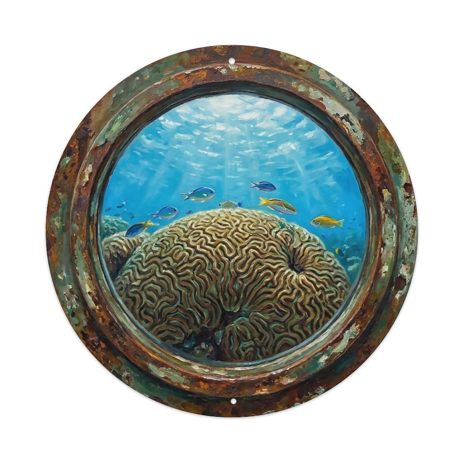 Vintage Porthole Brain Coral Ship Window Undersea Deep Sea Metal Tin Sign