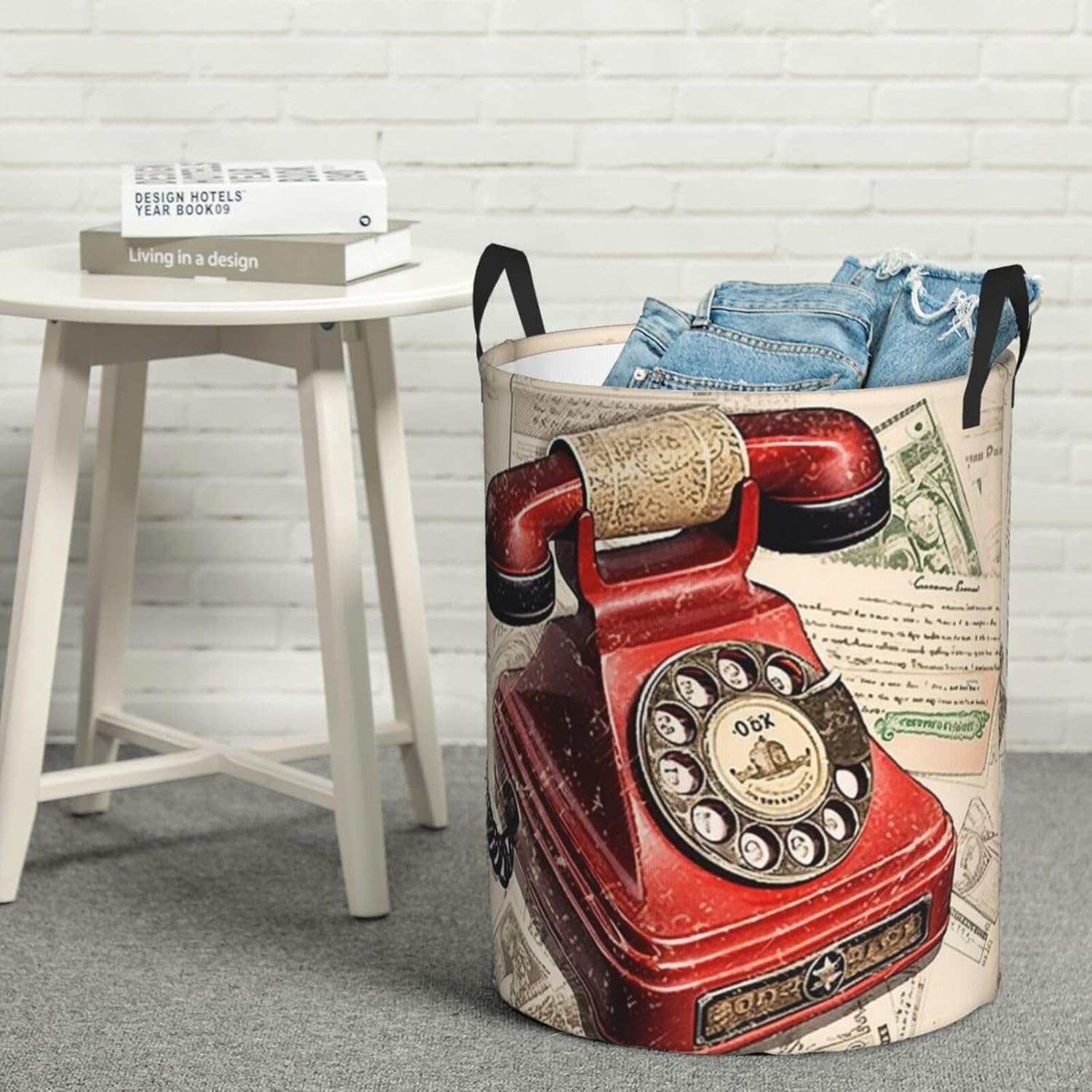 Round Laundry Basket Dirty Clothes Hamper with Handles Stamp Telephone Laundry Hamper for Bathroom Waterproof Circular Hamper Lightweight Round Storage Basket for Blanket Organizer Basket