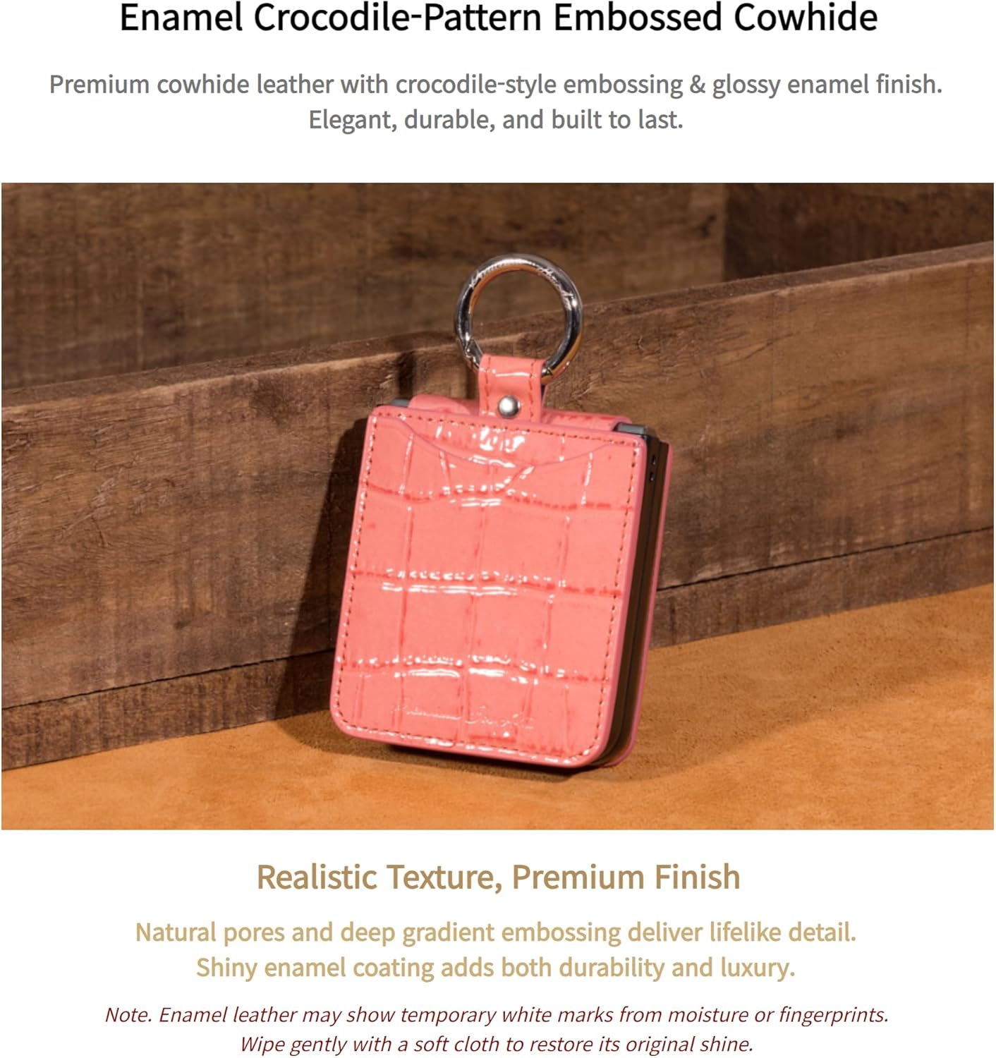 BonAtti Z Flip 6 Case – Compatible with Galaxy Z Flip 6, Premium Genuine Leather with Crocodile Texture, Ring Holder, Card Slot, Hinge Protection – Slim & Stylish Protective Cover(Coral Pink)